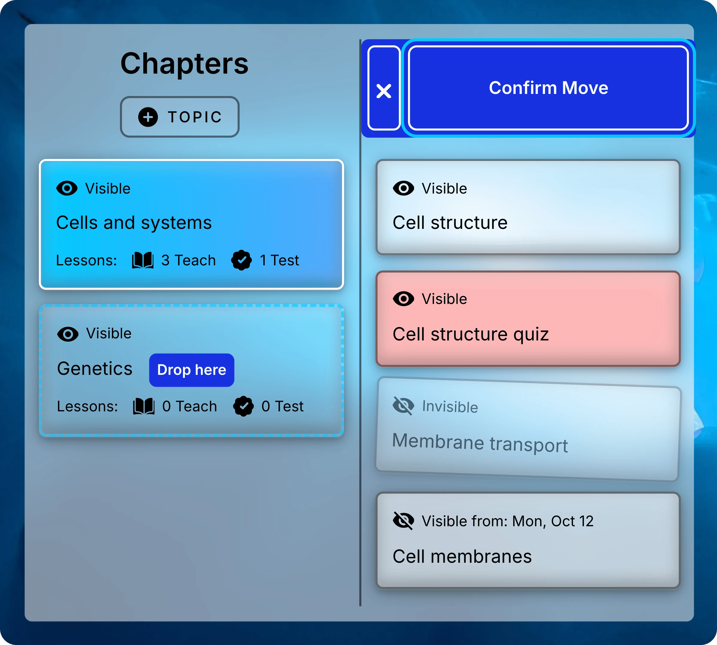 Membrane transport being dragged from the Lessons list onto the Genetics chapter, which shows Drop here, with Confirm Move at the top of the Lessons list.
