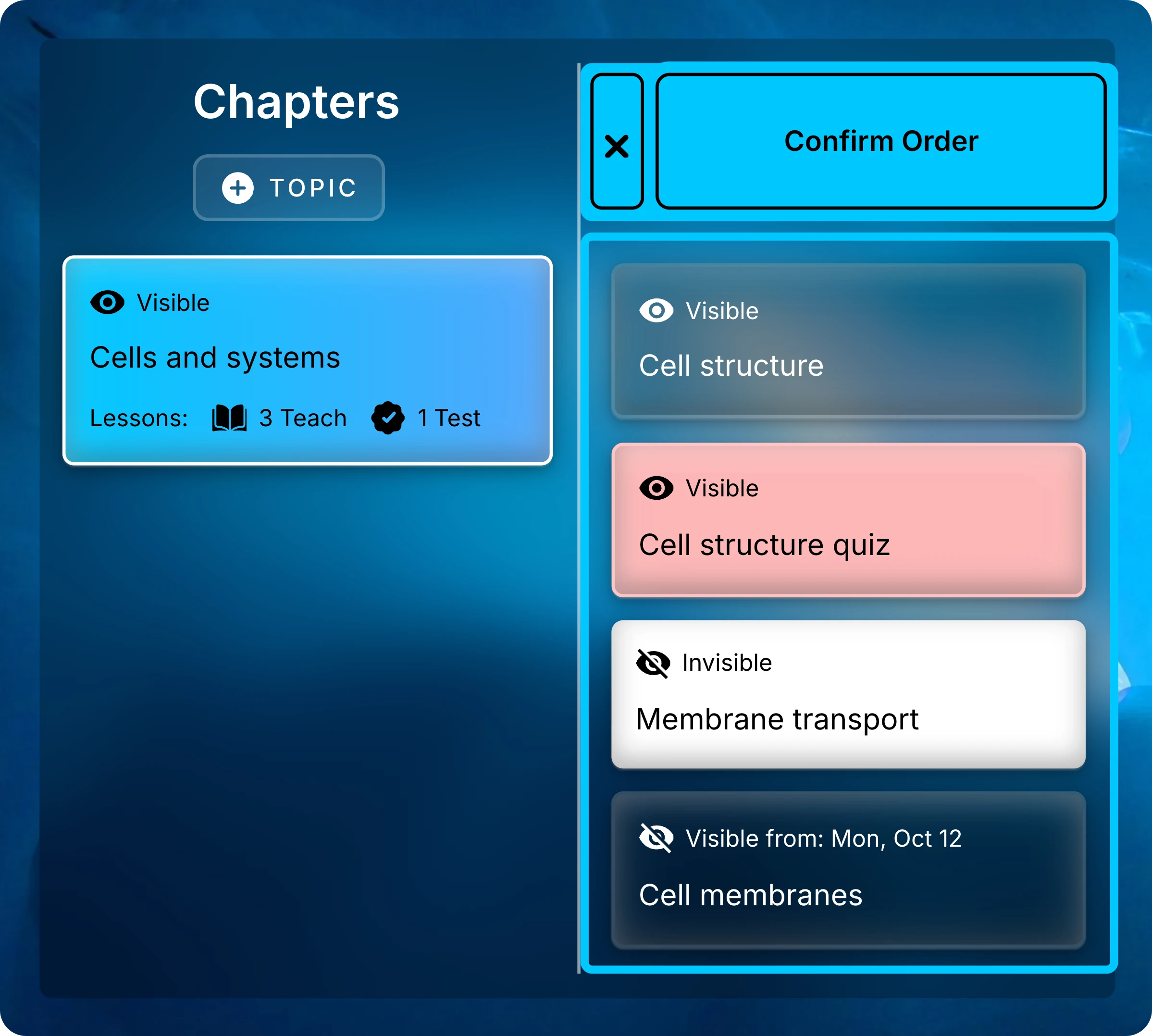 Lessons list in order mode with Confirm Order at the top and Membrane transport dragged above Cell membranes.