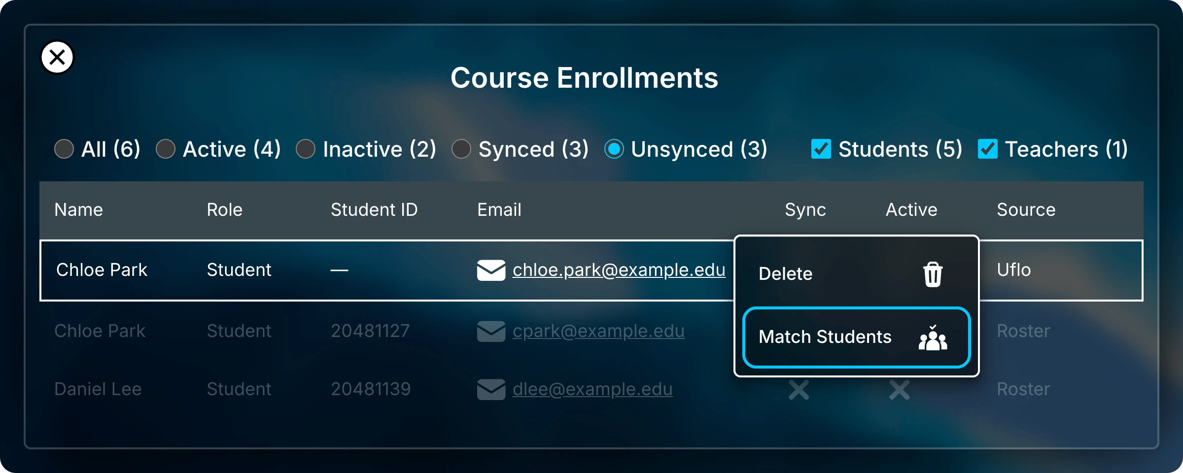 Course Enrollments with Unsynced selected and the menu open on Chloe Park's Uflo row, showing Delete and Match Students, with Match Students highlighted.