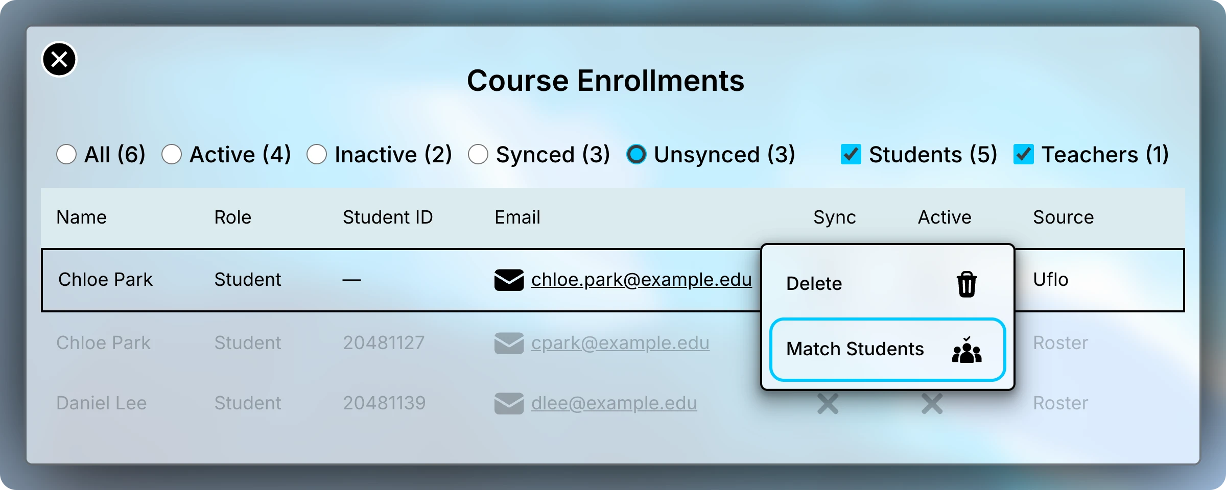 Course Enrollments with Unsynced selected and the menu open on Chloe Park's Uflo row, showing Delete and Match Students, with Match Students highlighted.