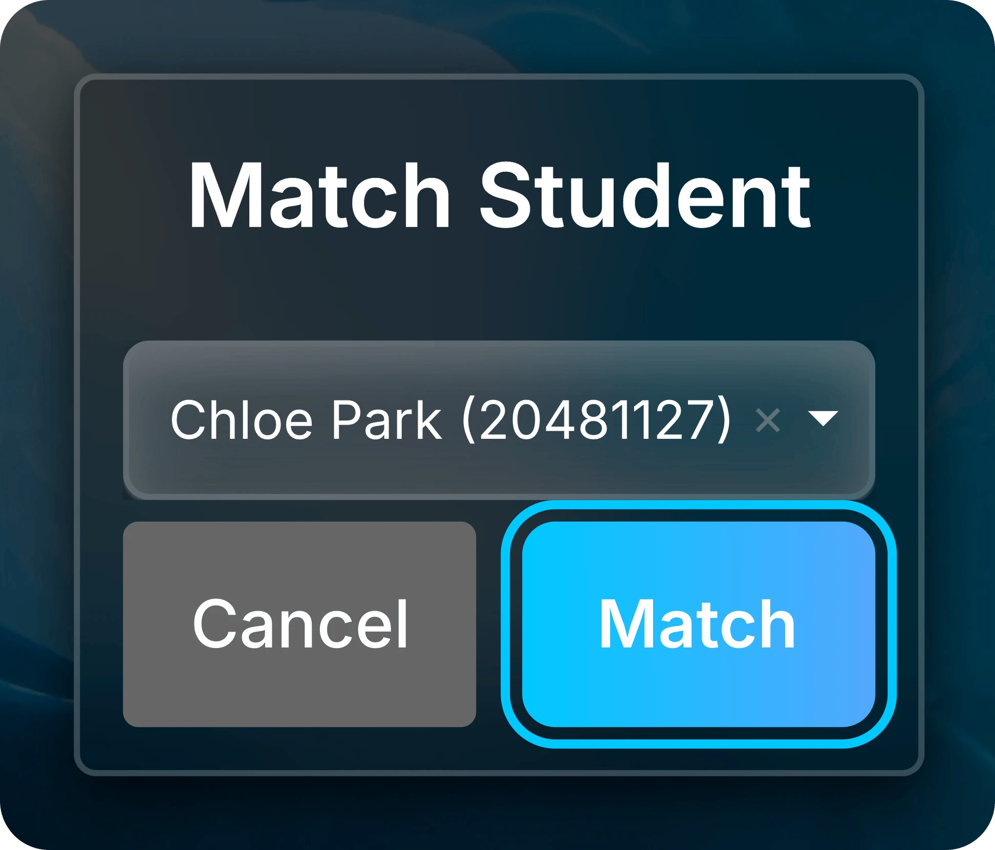 Match Student dialog with Chloe Park (20481127) chosen and the Match button highlighted.