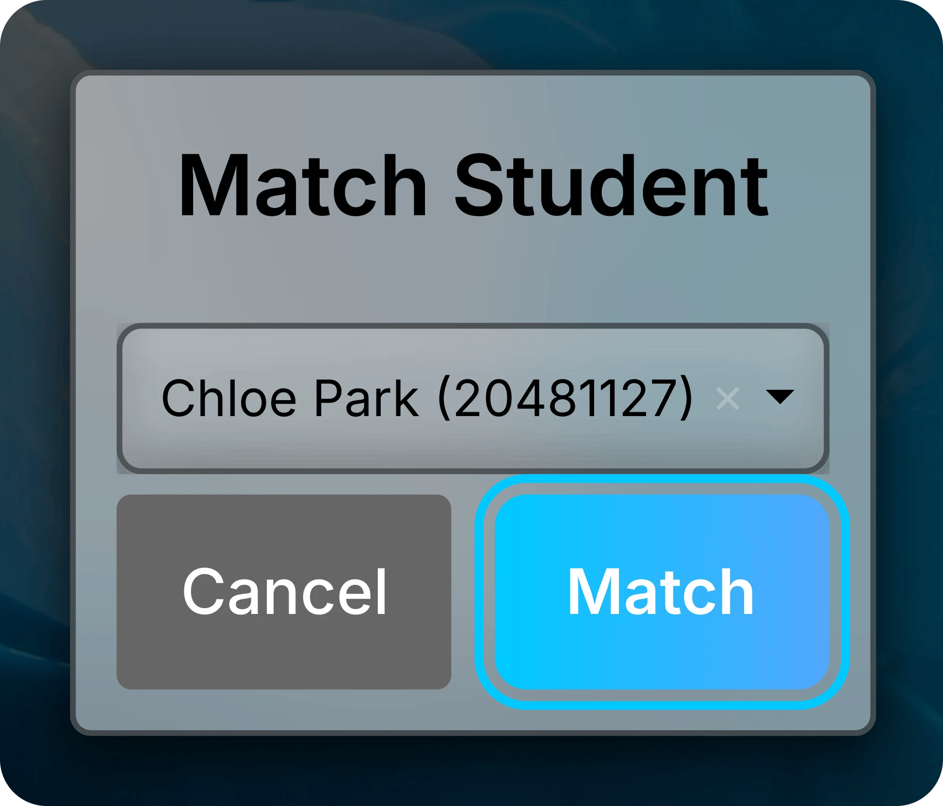 Match Student dialog with Chloe Park (20481127) chosen and the Match button highlighted.