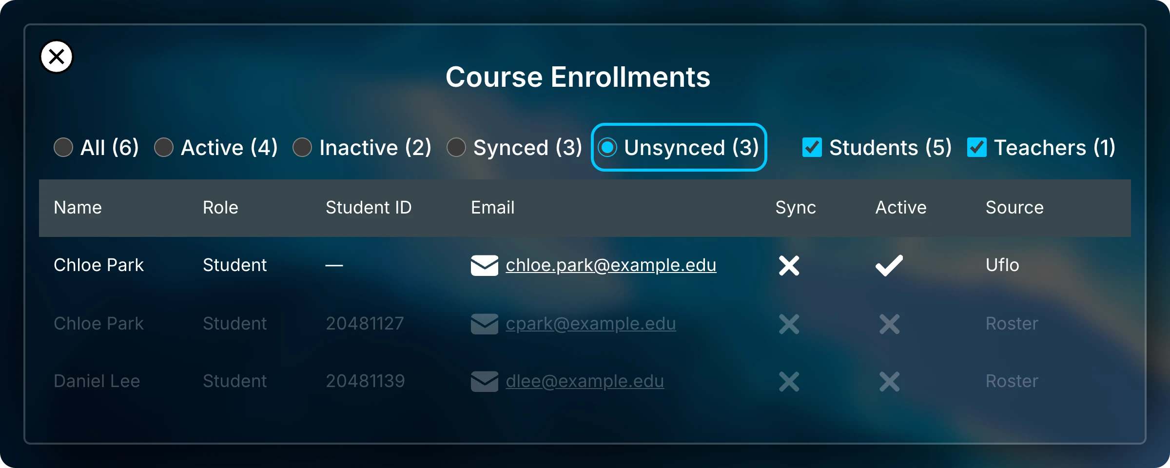 Course Enrollments with the Unsynced filter selected, listing Chloe Park twice, once from Uflo without a student ID and once from the roster with ID 20481127, and Daniel Lee from the roster.