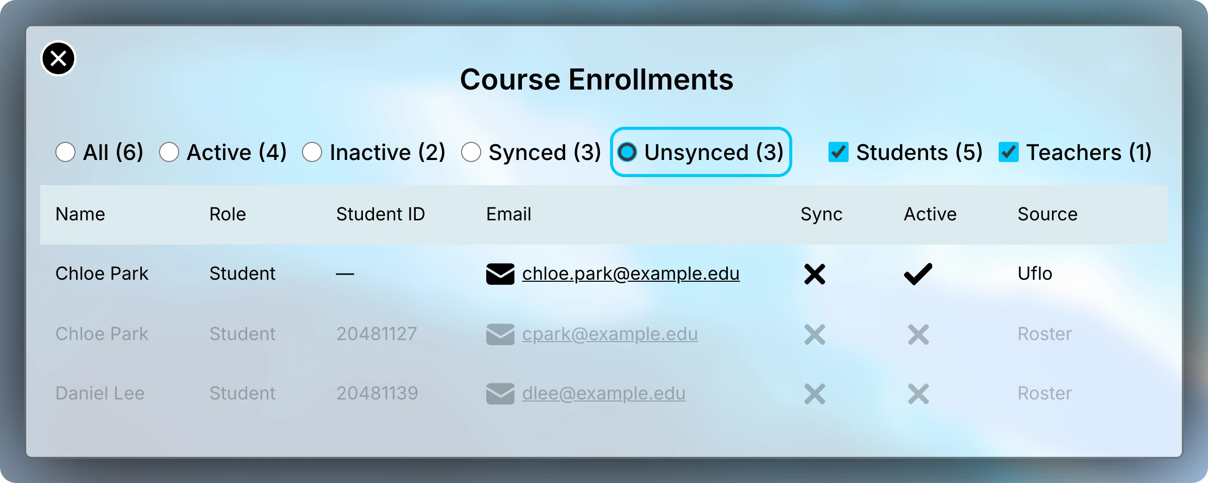 Course Enrollments with the Unsynced filter selected, listing Chloe Park twice, once from Uflo without a student ID and once from the roster with ID 20481127, and Daniel Lee from the roster.