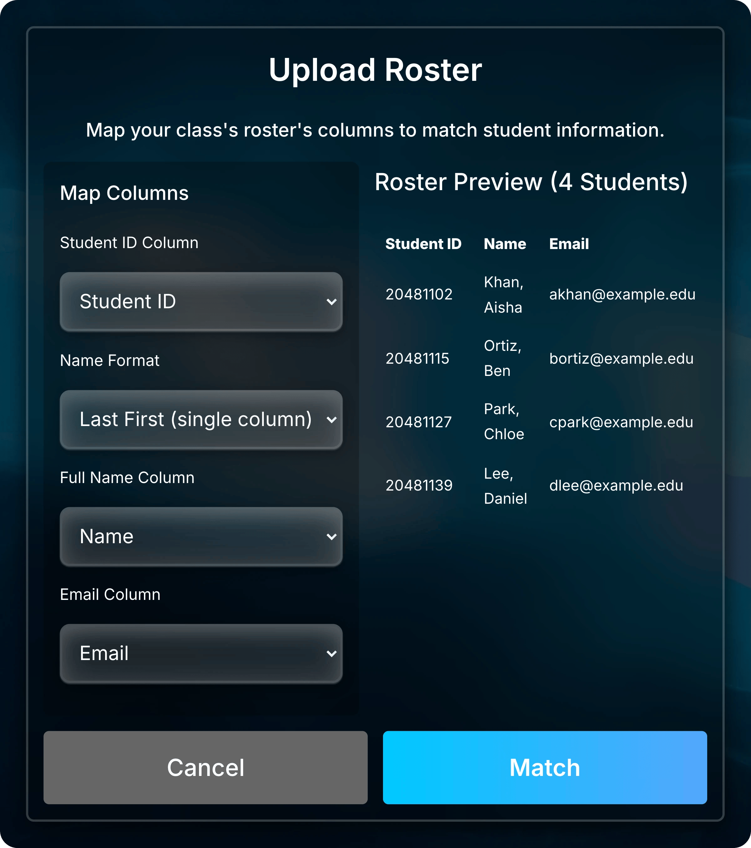 Upload Roster dialog mapping Student ID, a Last First name column, and Email, with a preview of four students.