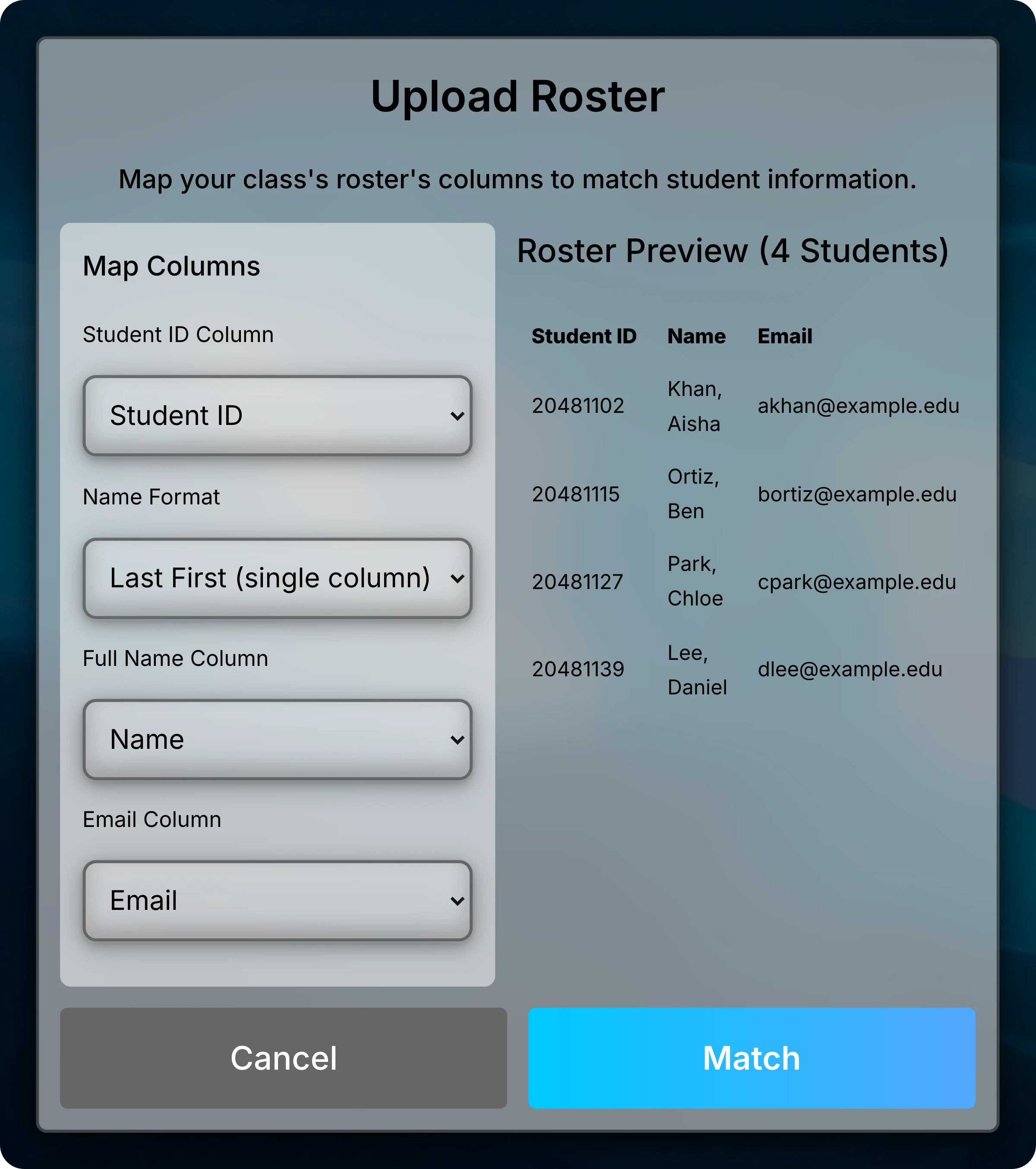 Upload Roster dialog mapping Student ID, a Last First name column, and Email, with a preview of four students.