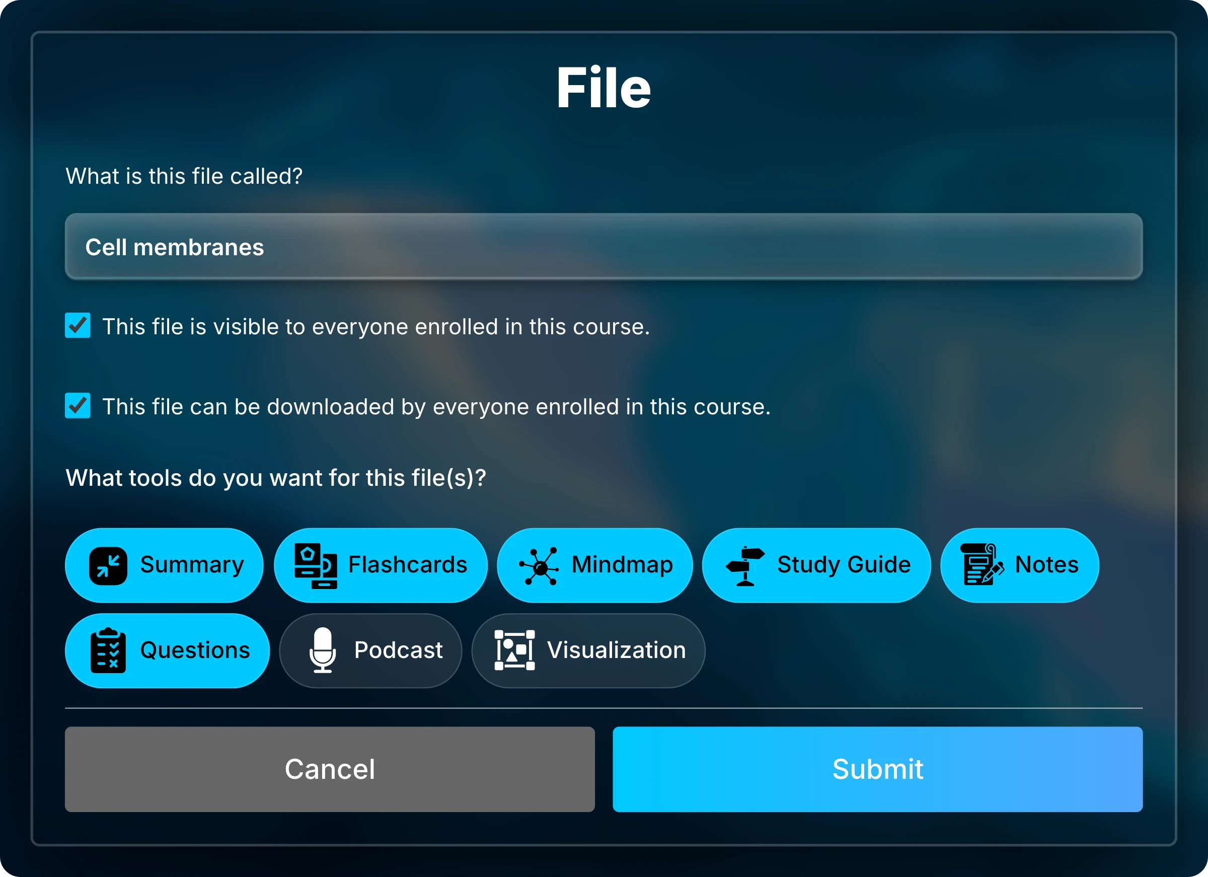 File form for Cell membranes with its title, the visibility and download checkboxes, and the study tools, with Podcast and Visualization off.