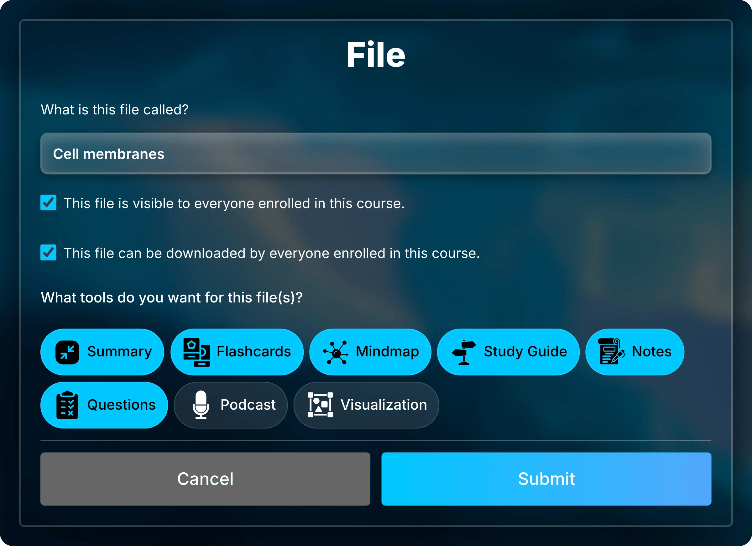 File form for Cell membranes with its title, the visibility and download checkboxes, and the study tools, with Podcast and Visualization off.
