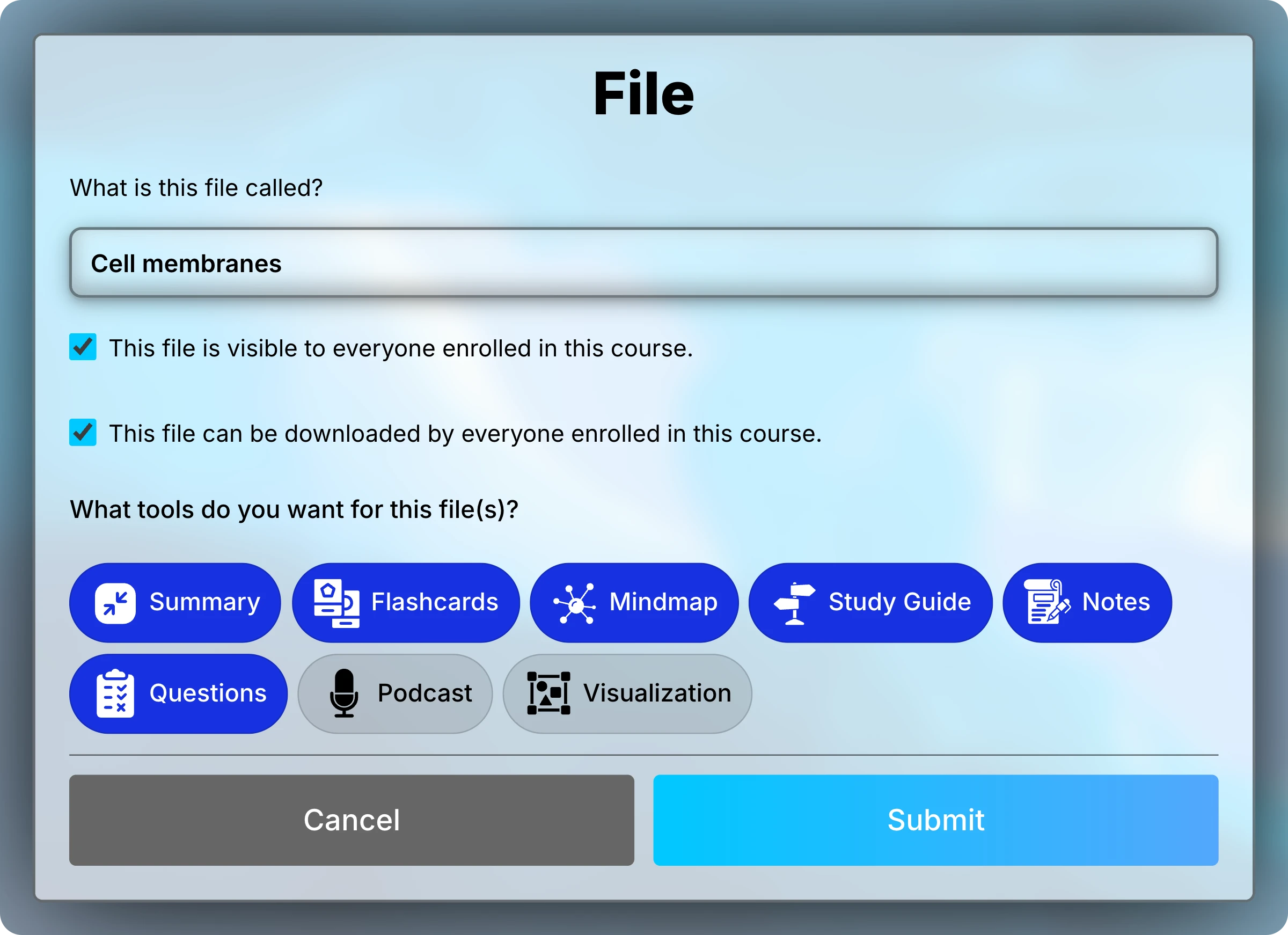 File form for Cell membranes with its title, the visibility and download checkboxes, and the study tools, with Podcast and Visualization off.