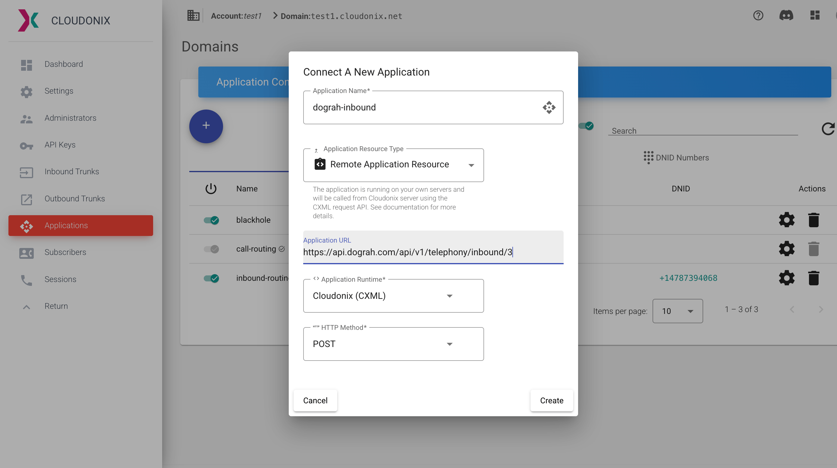 Cloudonix application showing webhook URL configuration