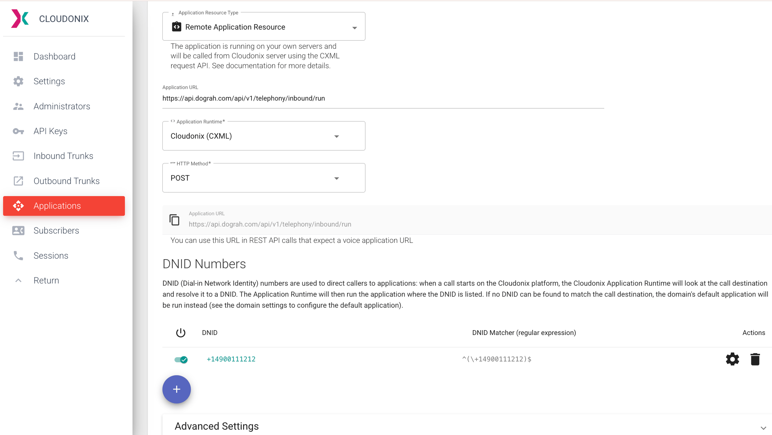 Cloudonix application form showing Remote Application Resource type, Cloudonix CXML runtime, the Dograh inbound URL, POST method, and a DNID number entry