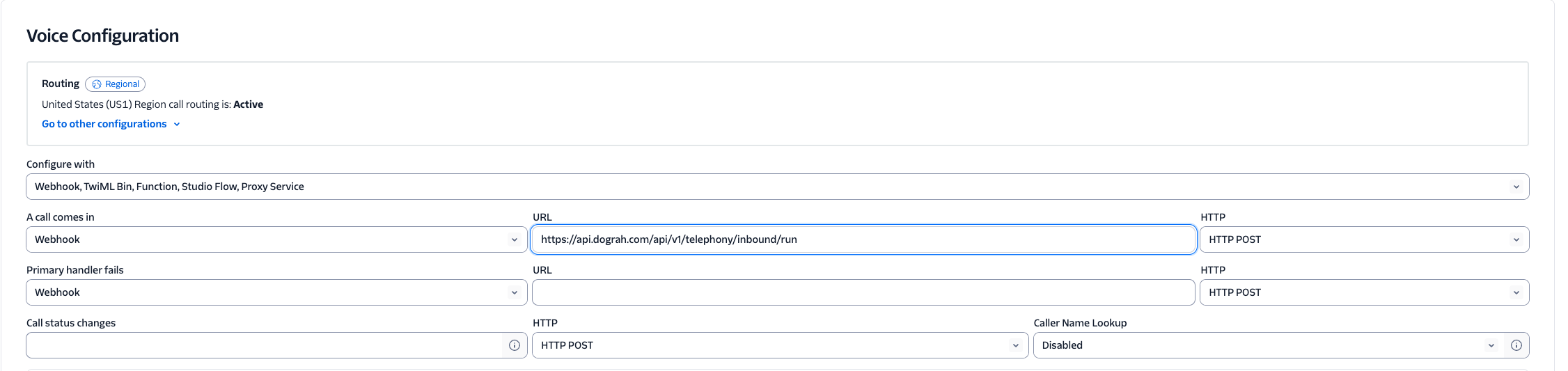 Twilio phone number voice configuration showing webhook URL setup for inbound calls