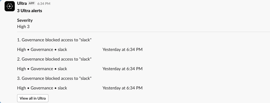 Three Ultra alerts grouped into one Slack message