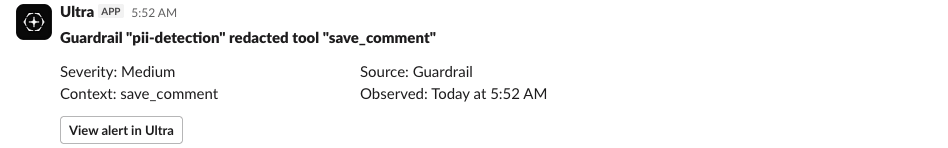 A single Ultra alert posted in Slack
