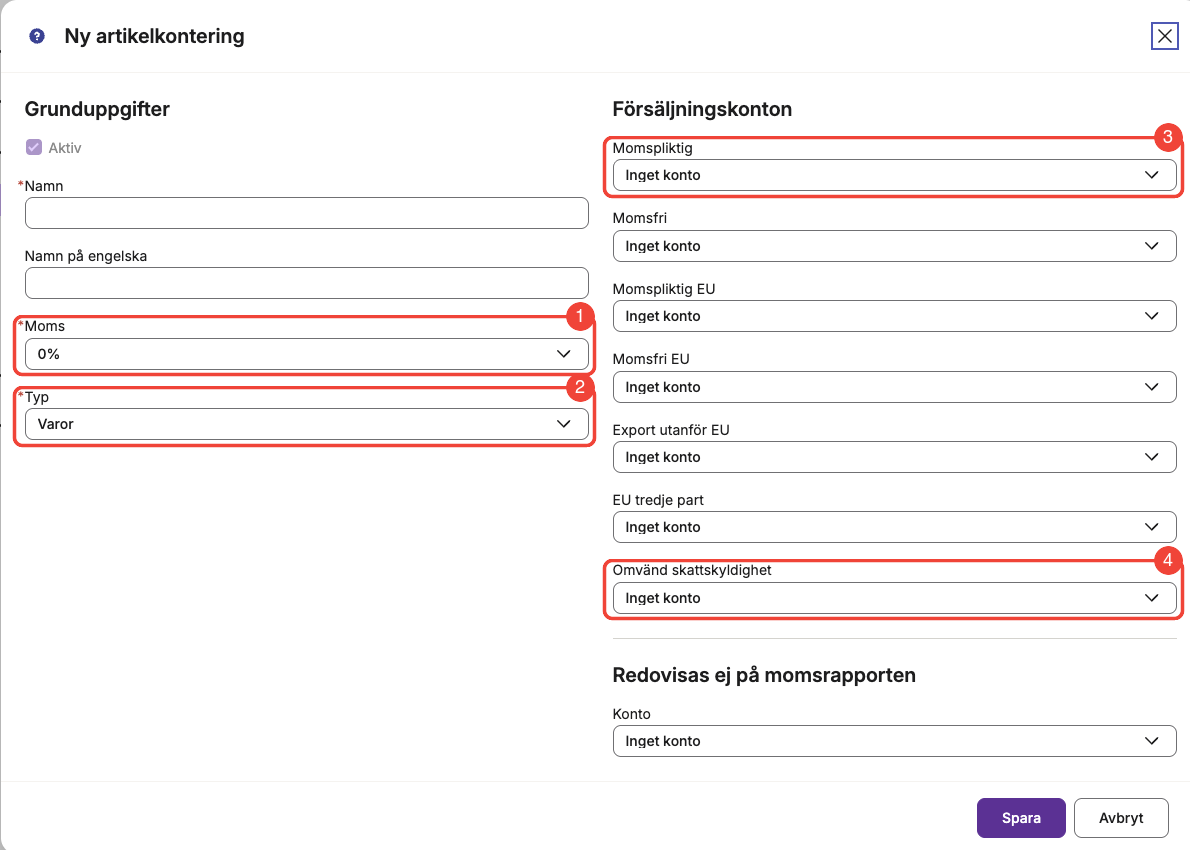 Ny artikelkontering i Spiris med Moms, Typ, Momspliktig och Omvänd skattskyldighet markerade