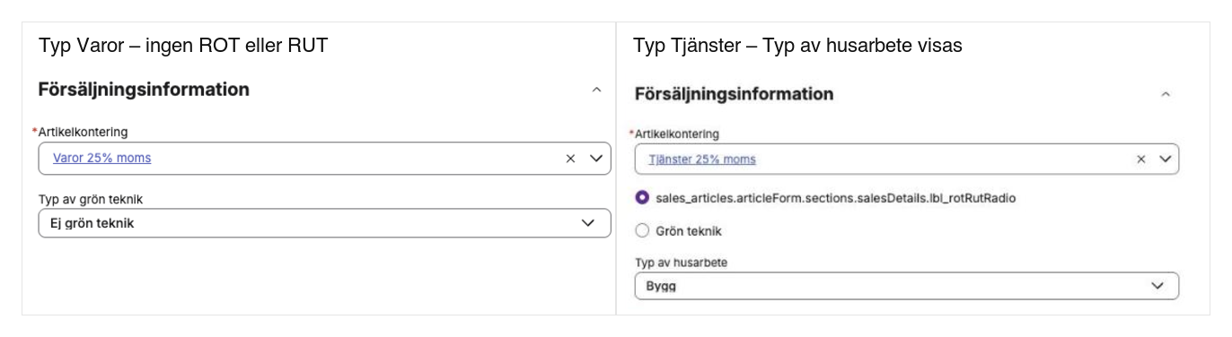 Två artiklar i Spiris. Med Varor visas bara Typ av grön teknik. Med Tjänster visas även Typ av husarbete.