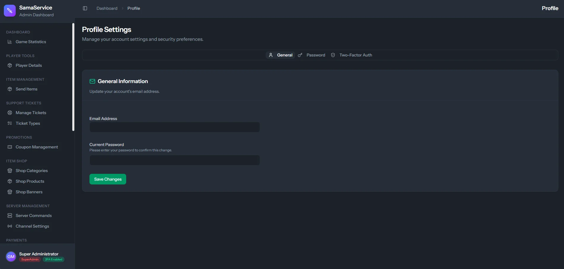 Admin Profile Configuration