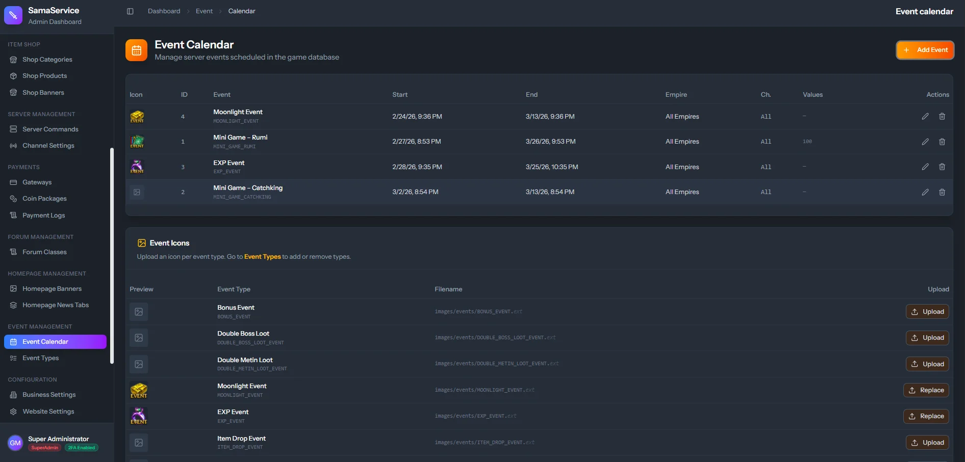 Game Event Calendar View