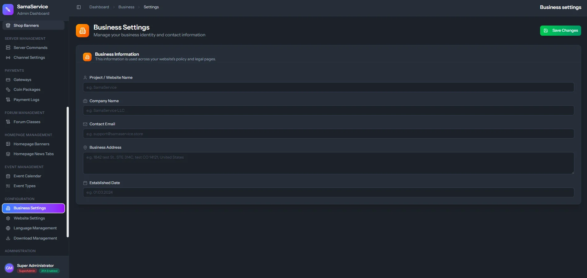 Business Settings Form