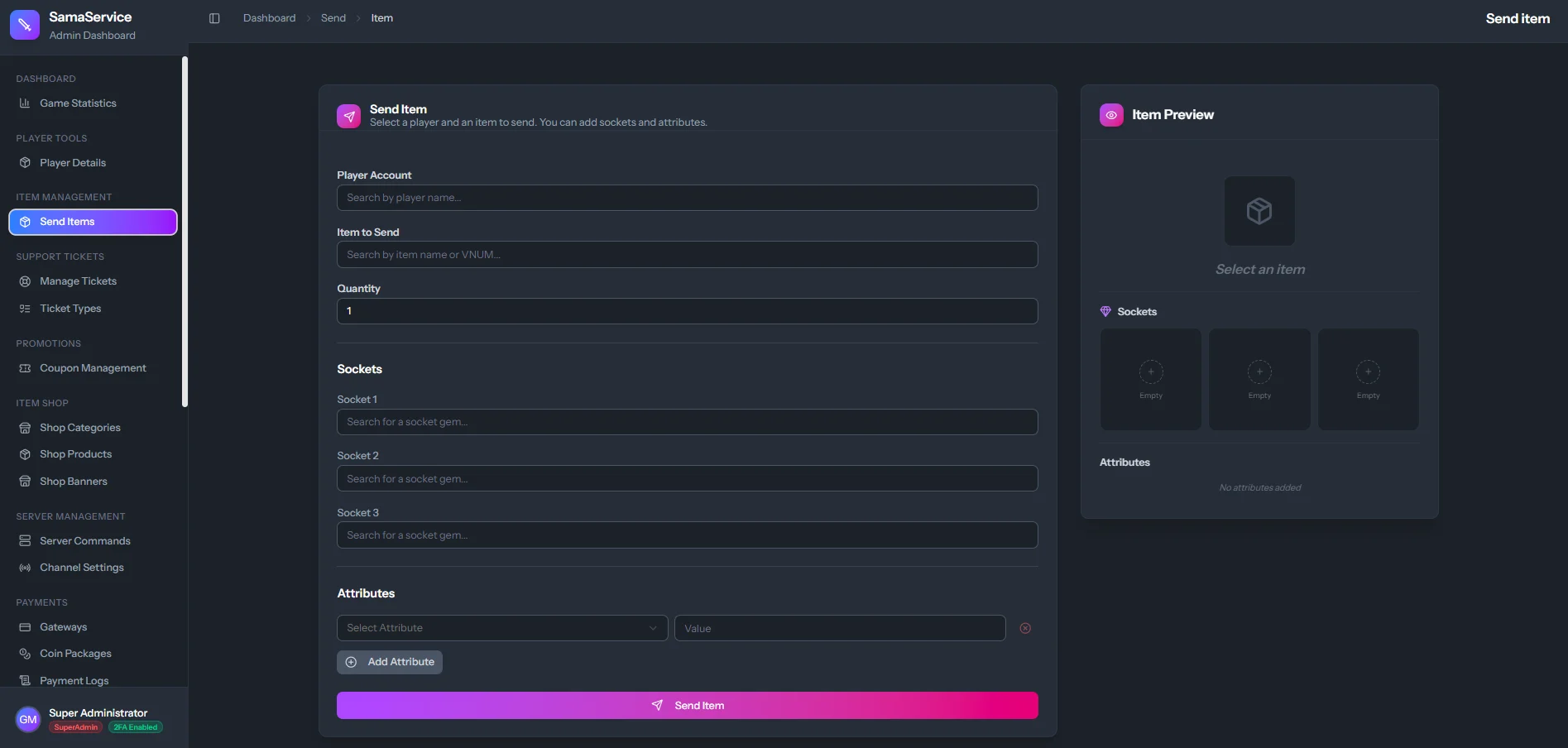 Send Item Configuration Form