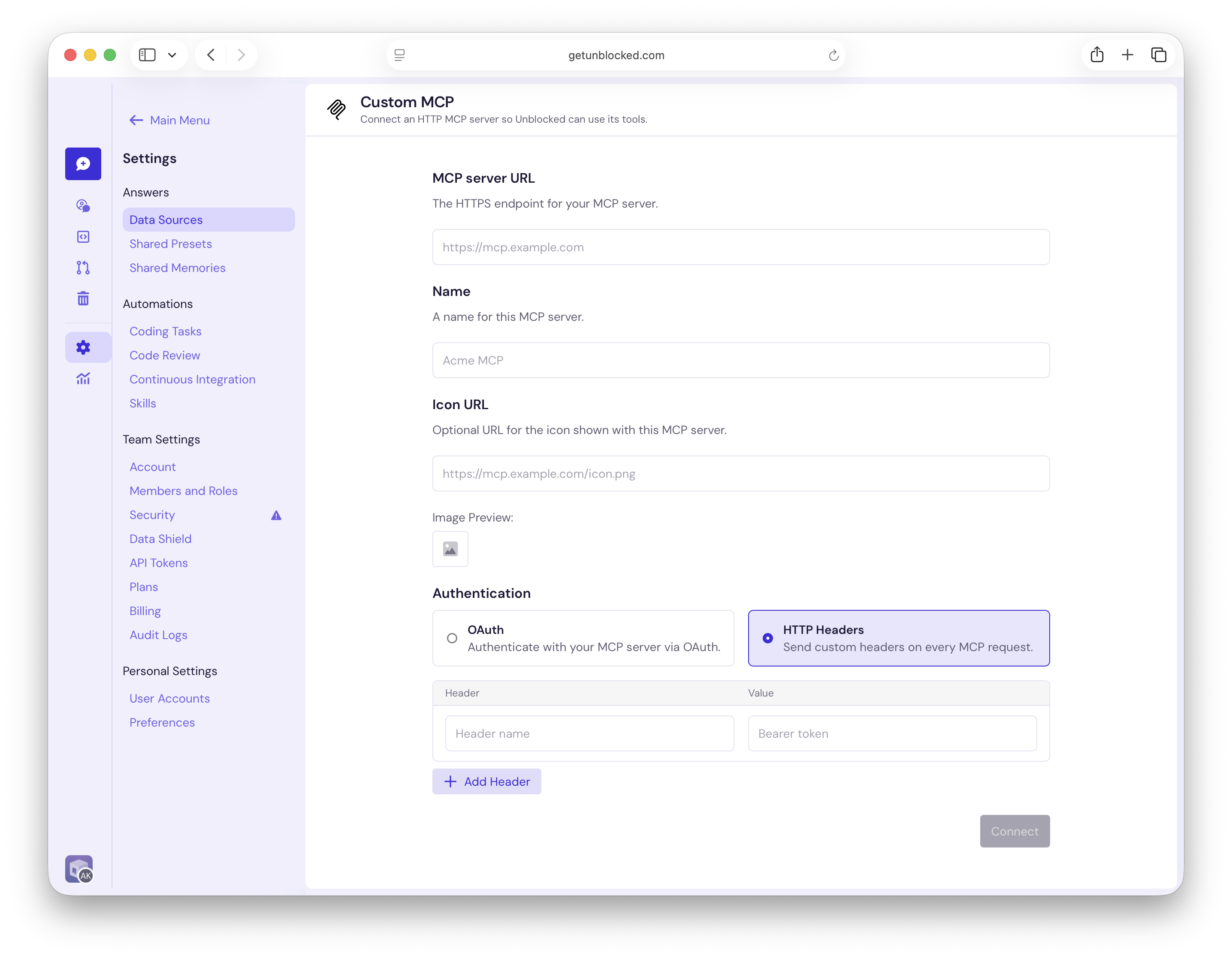 Connect to a Custom MCP server with HTTP headers