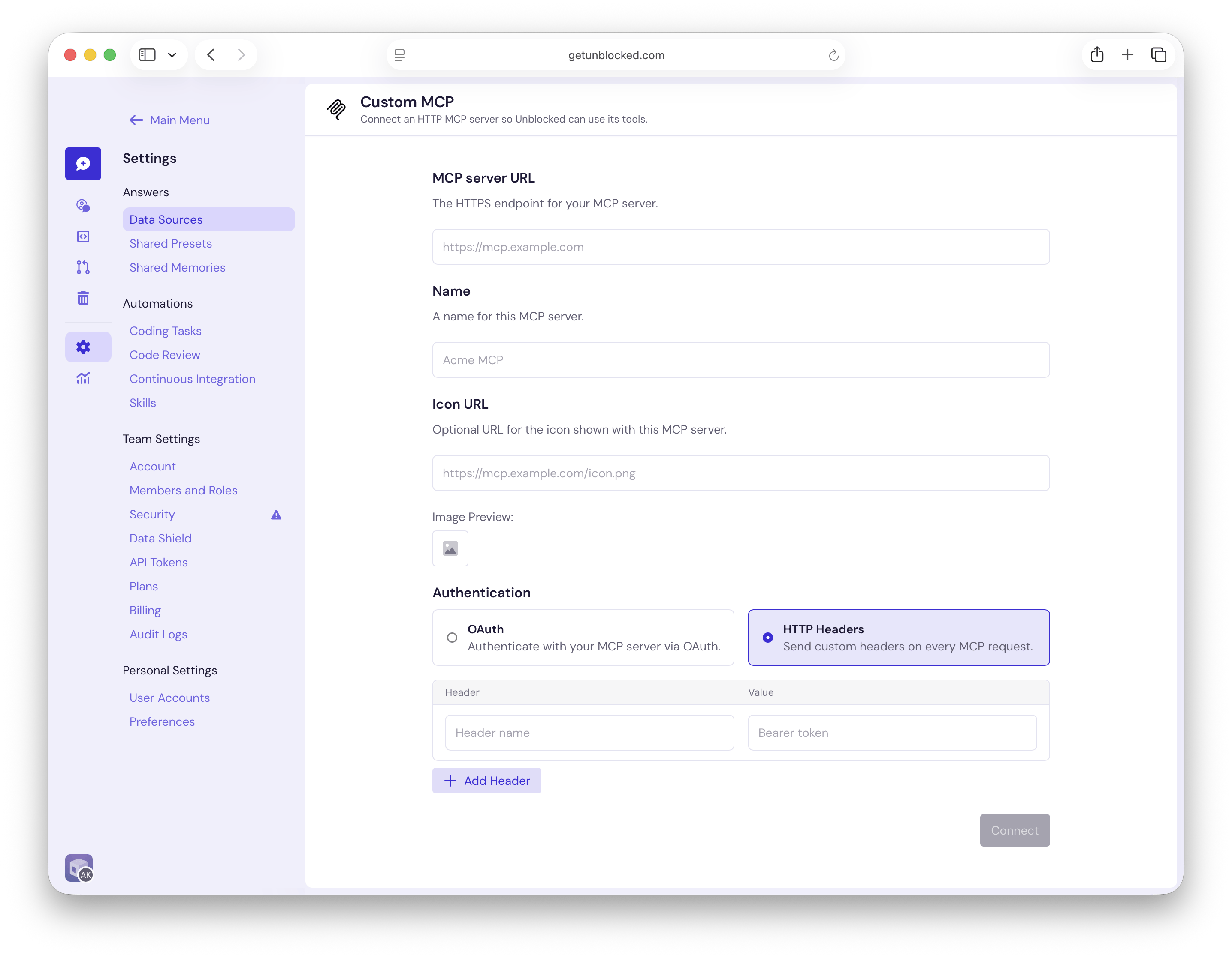 Connect to a Custom MCP server with HTTP headers