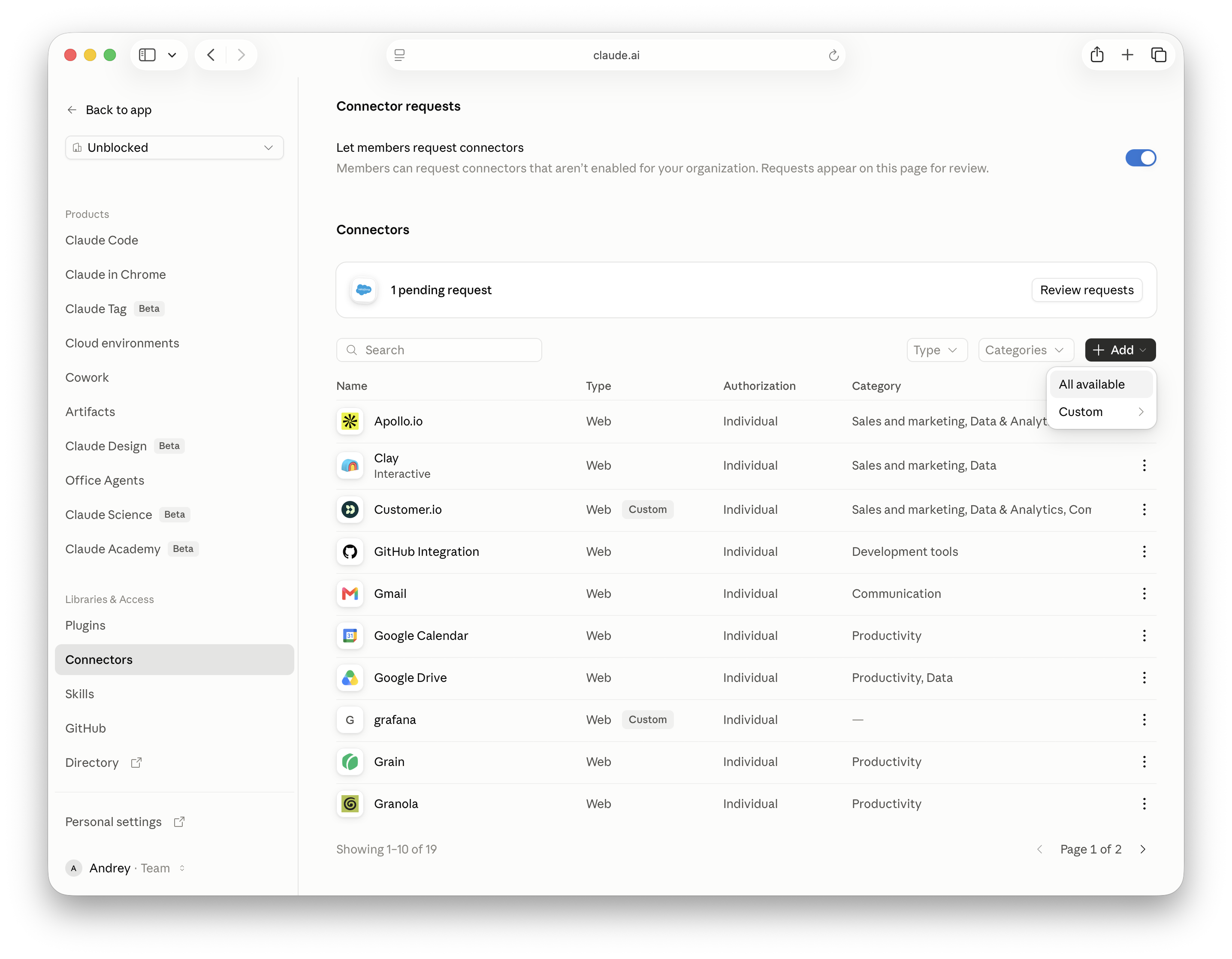 Claude organization Connectors page with Add and All available selected
