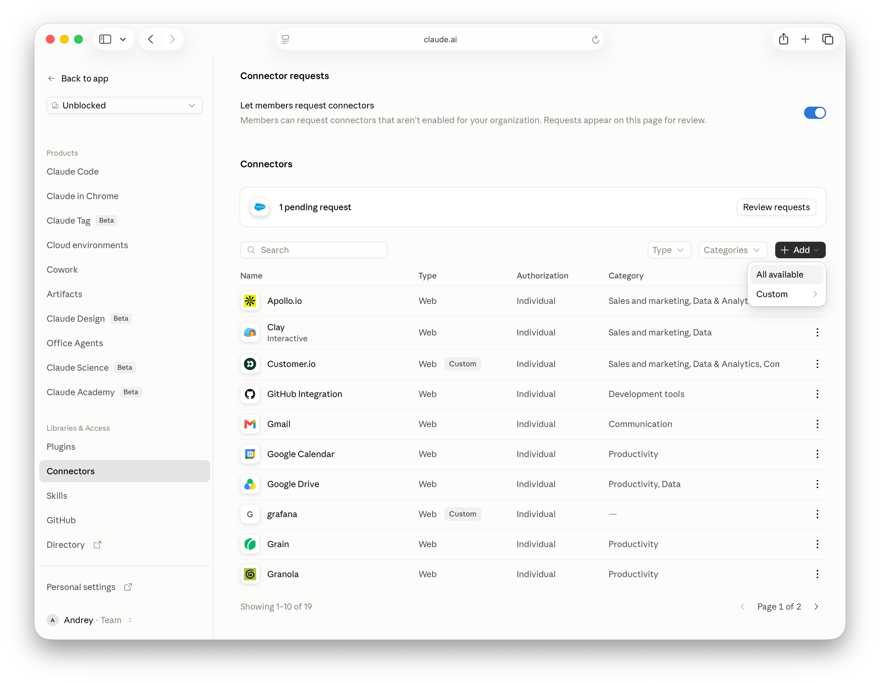 Claude organization Connectors page with Add and All available selected