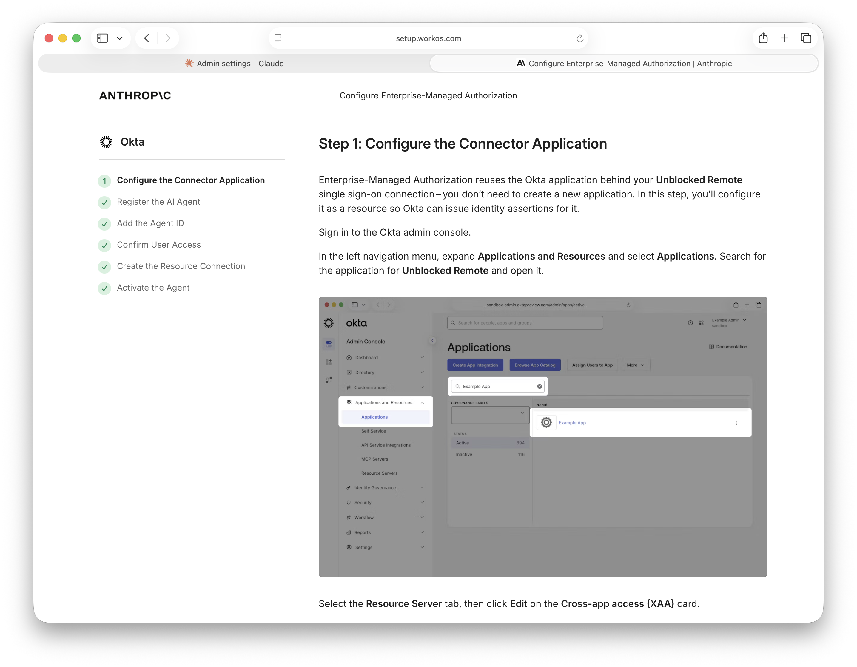 Anthropic WorkOS guide for configuring the connector application and completing the Okta setup