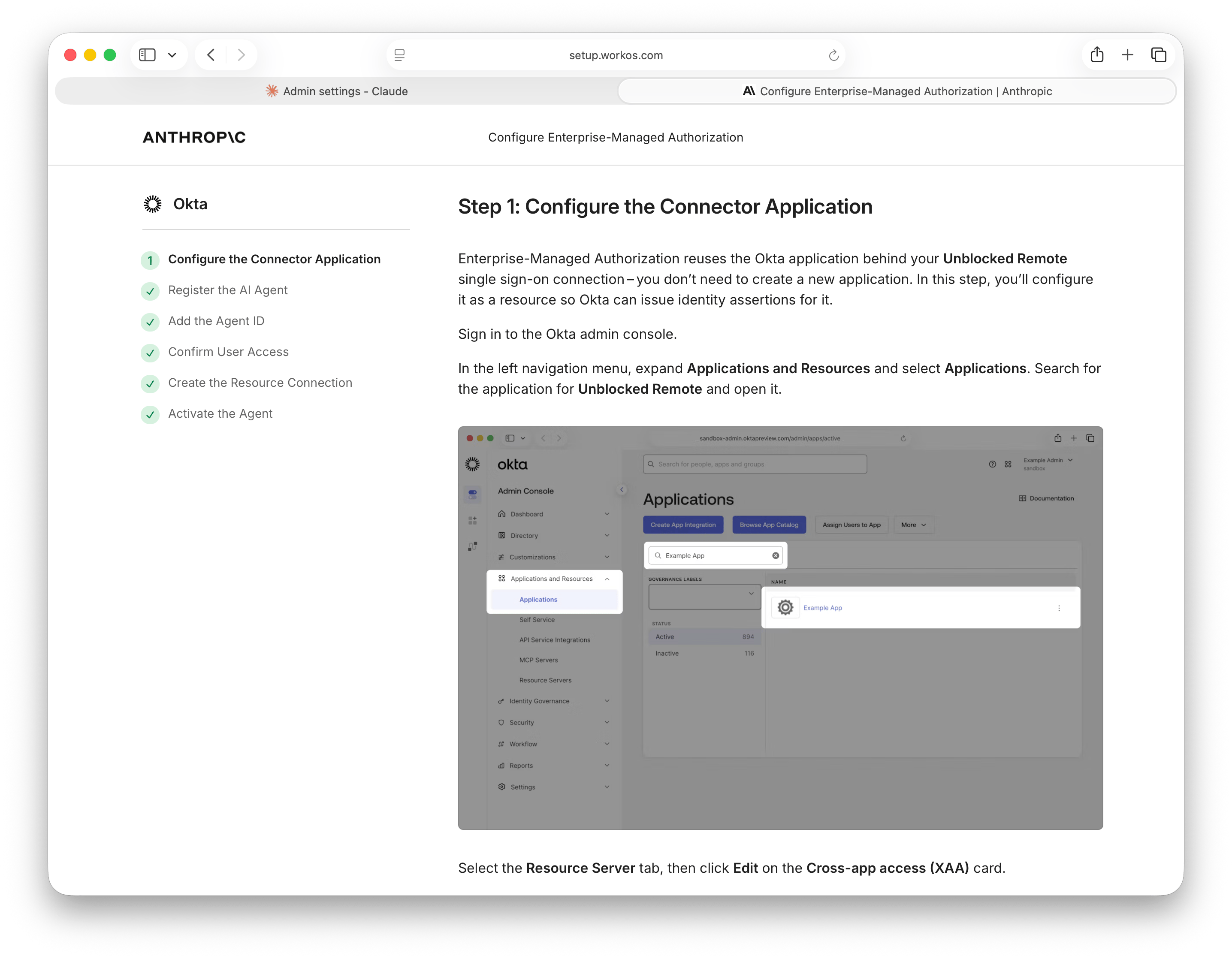 Anthropic WorkOS guide for configuring the connector application and completing the Okta setup