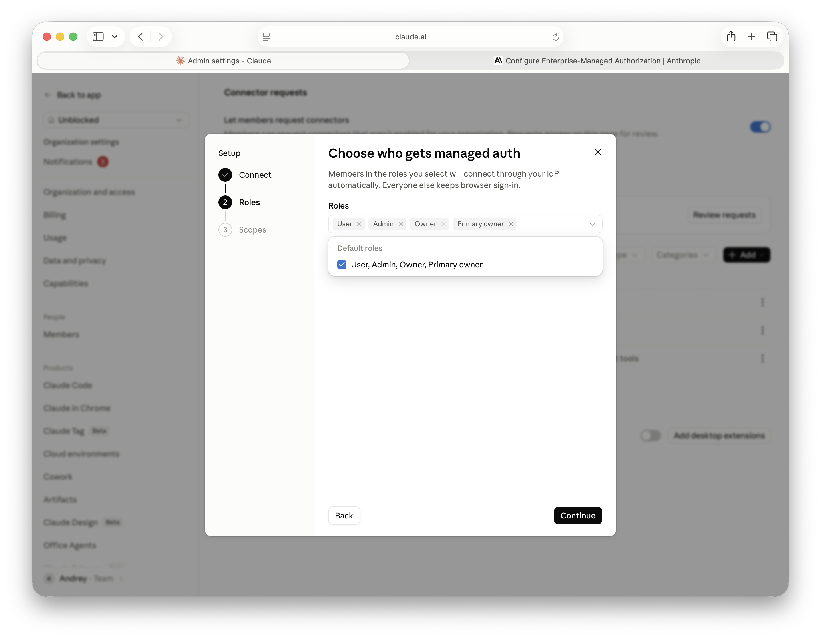 Claude role selection for members who will use managed authorization