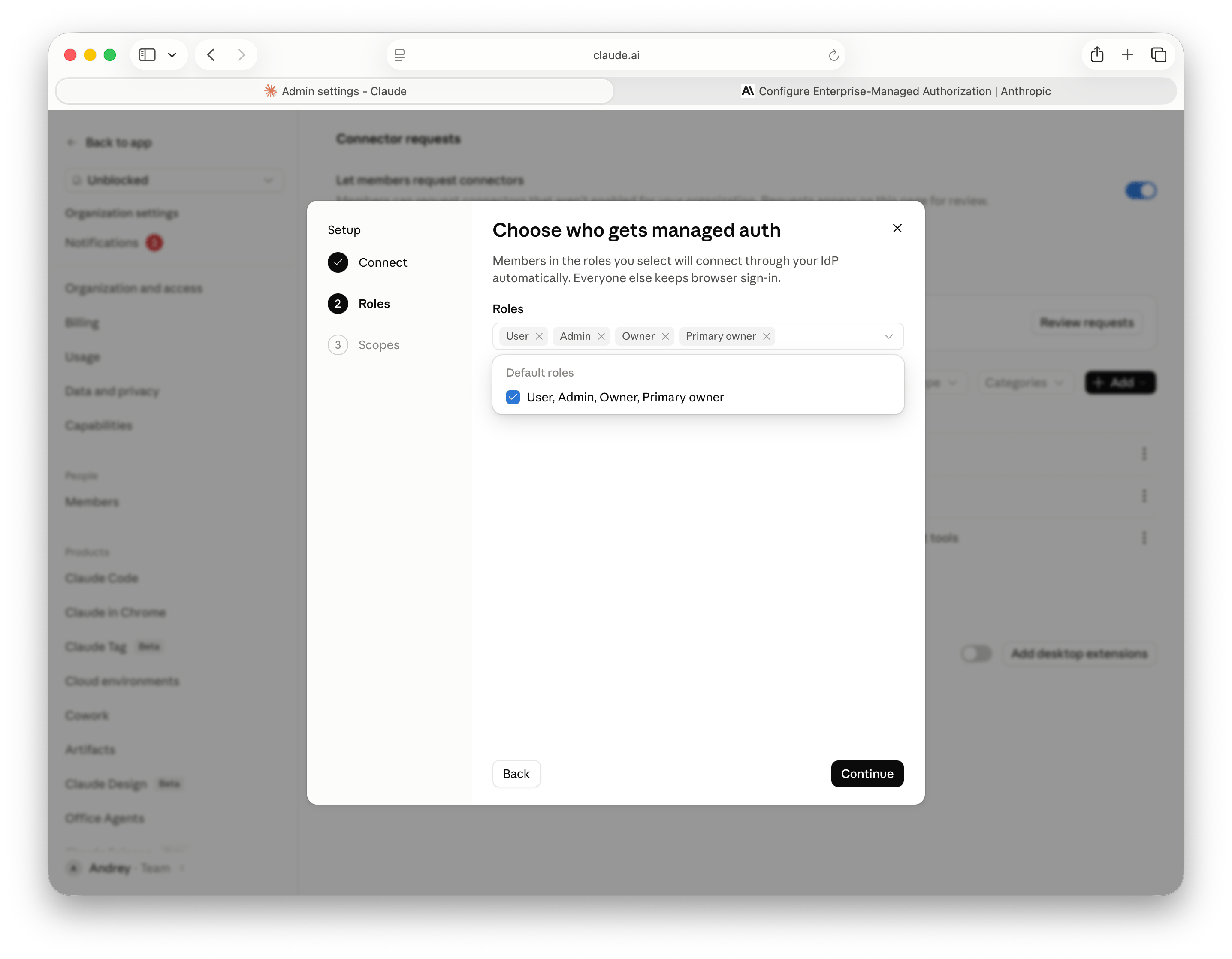 Claude role selection for members who will use managed authorization