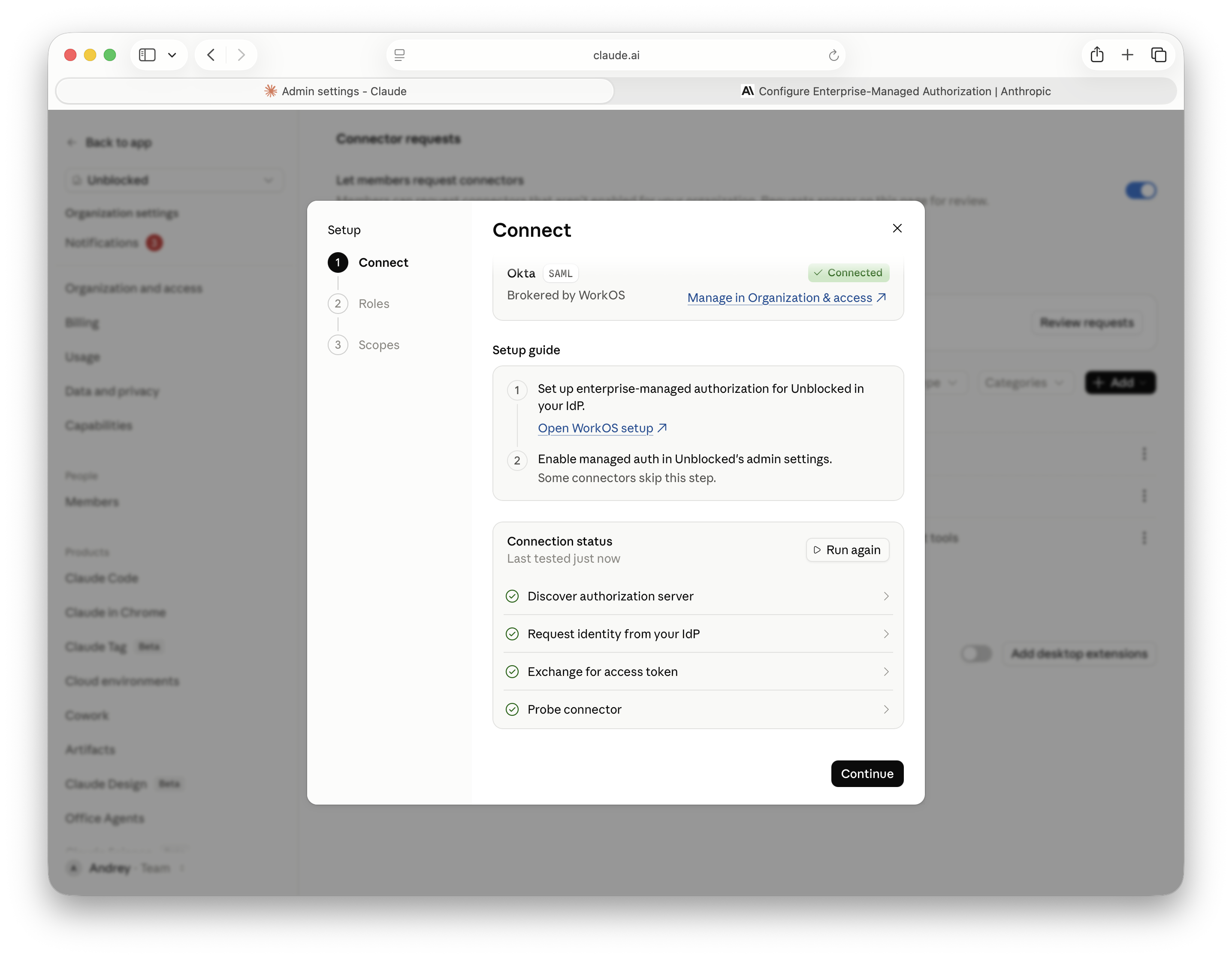Successful checks for authorization server discovery, identity request, token exchange, and connector access