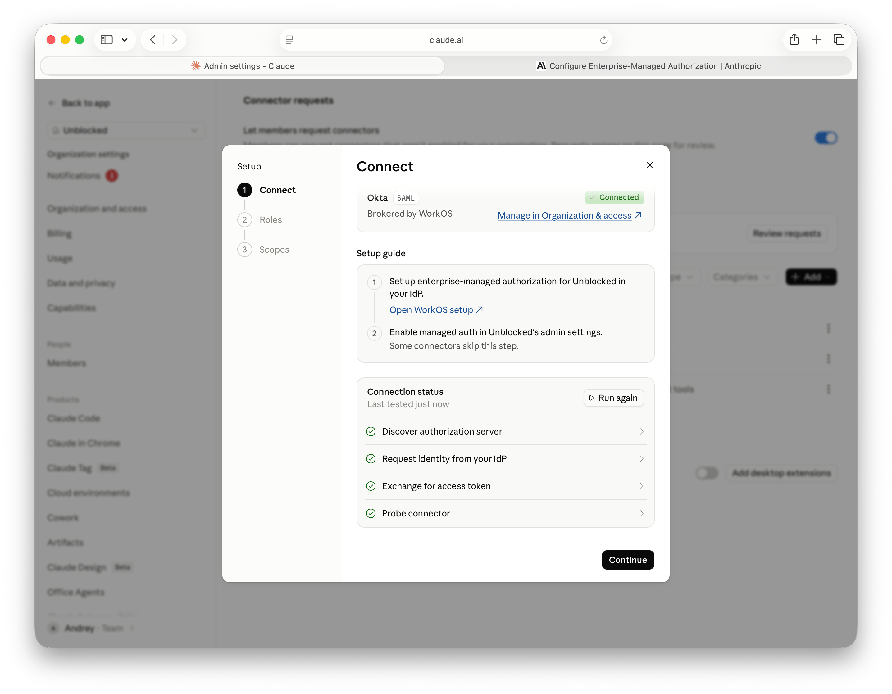 Successful checks for authorization server discovery, identity request, token exchange, and connector access