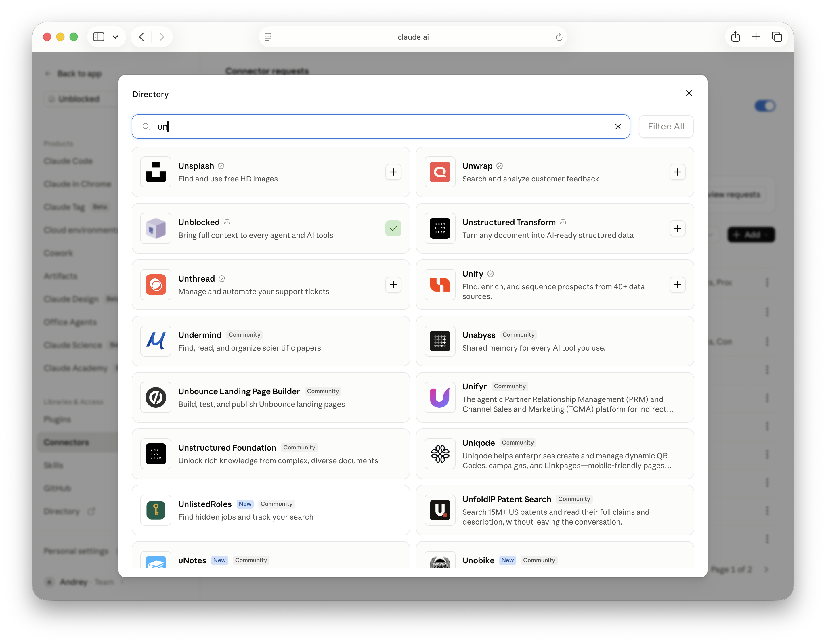 Unblocked in the Claude connector directory search results
