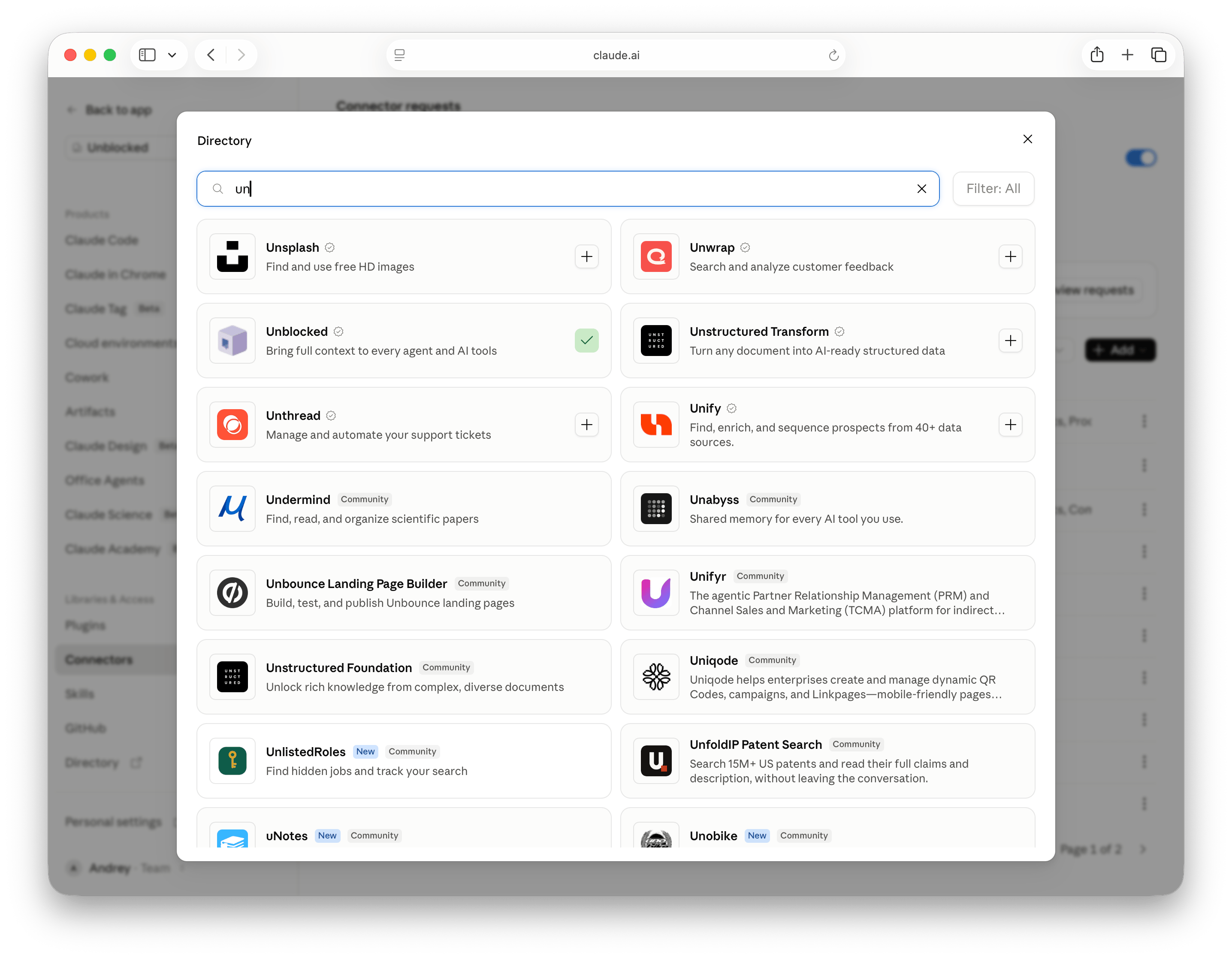 Unblocked in the Claude connector directory search results