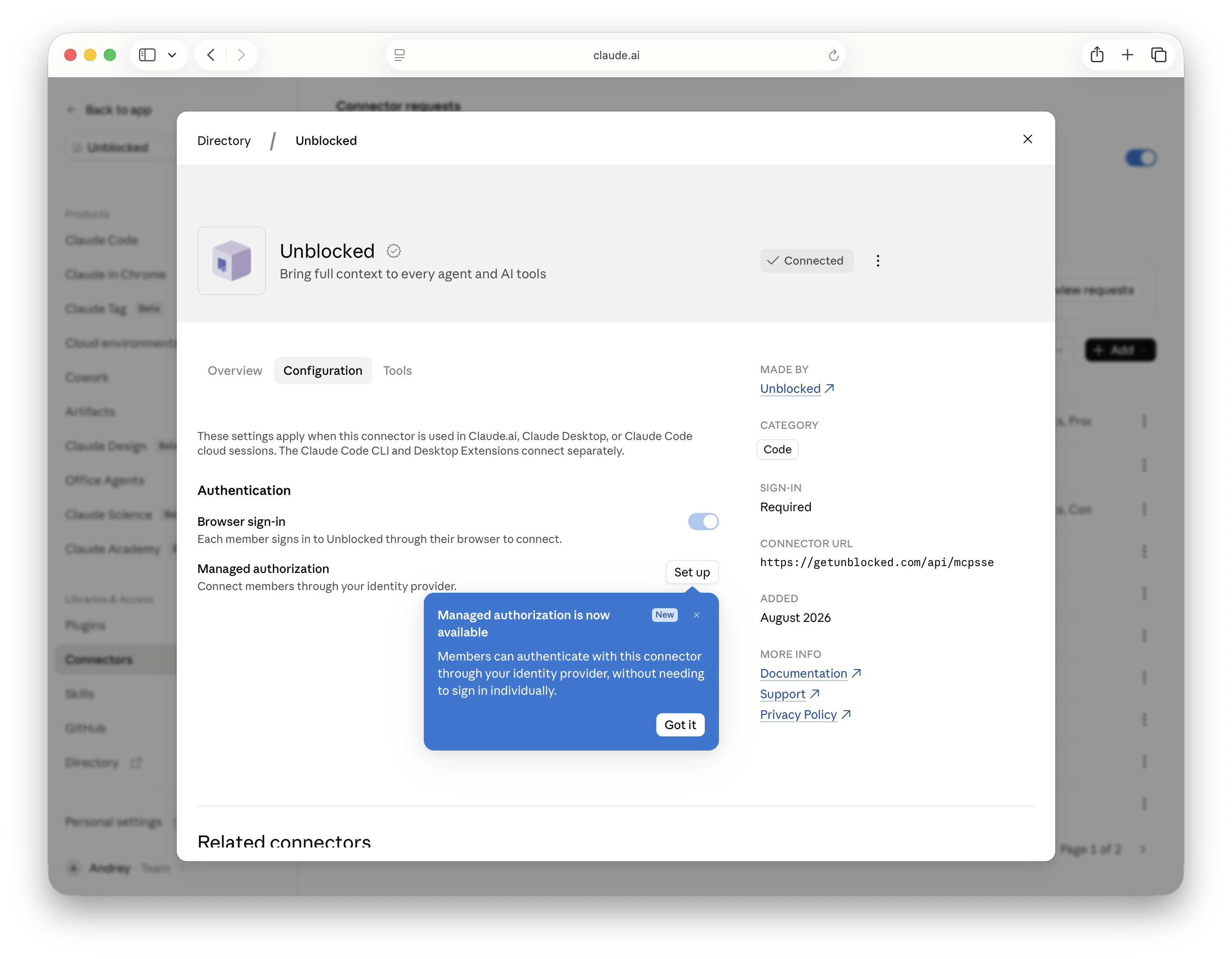 Unblocked connector Configuration tab with the Managed authorization Set up button