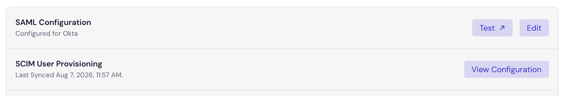 Unblocked settings showing SAML configured for Okta and a last synced timestamp under SCIM User Provisioning