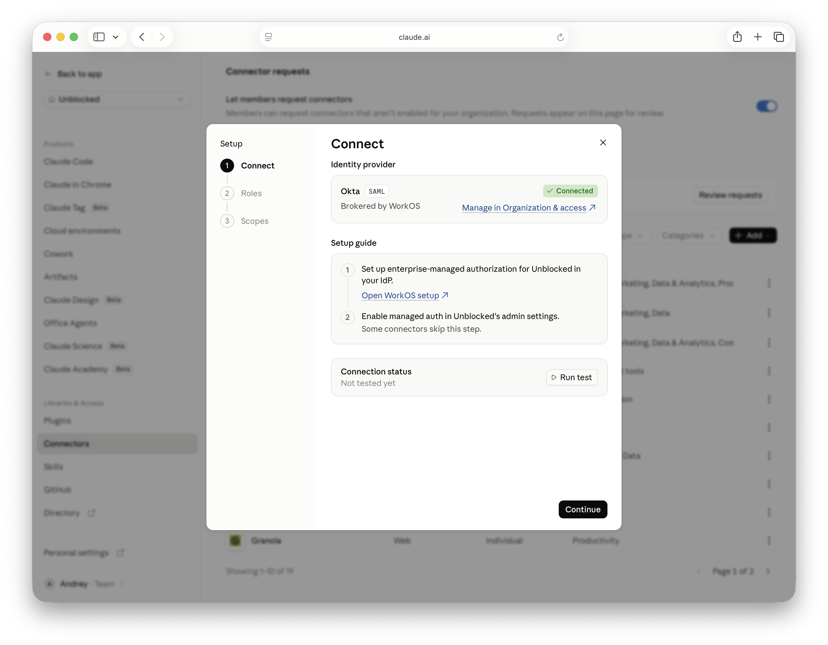 Managed authorization Connect step with the Open WorkOS setup link