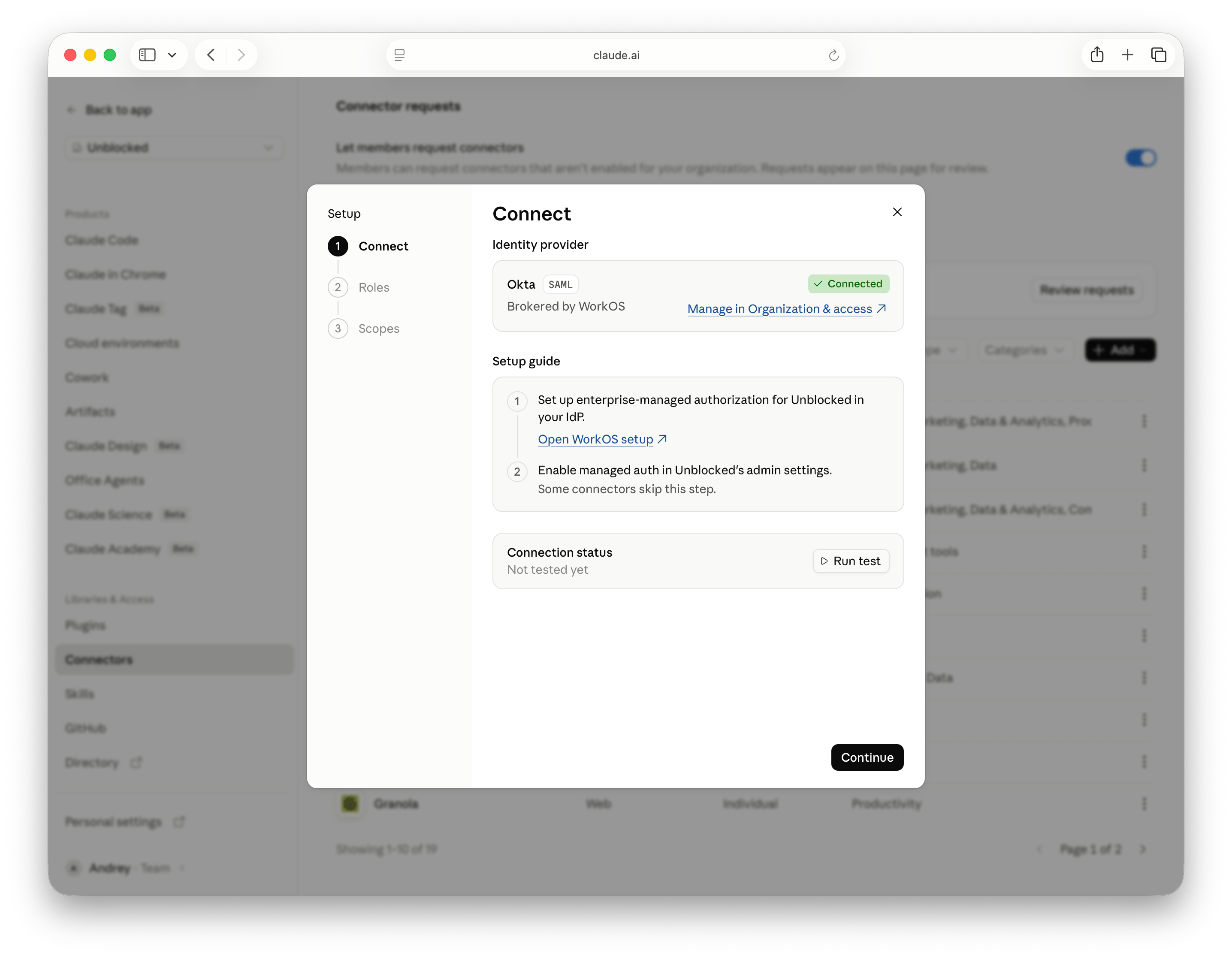 Managed authorization Connect step with the Open WorkOS setup link