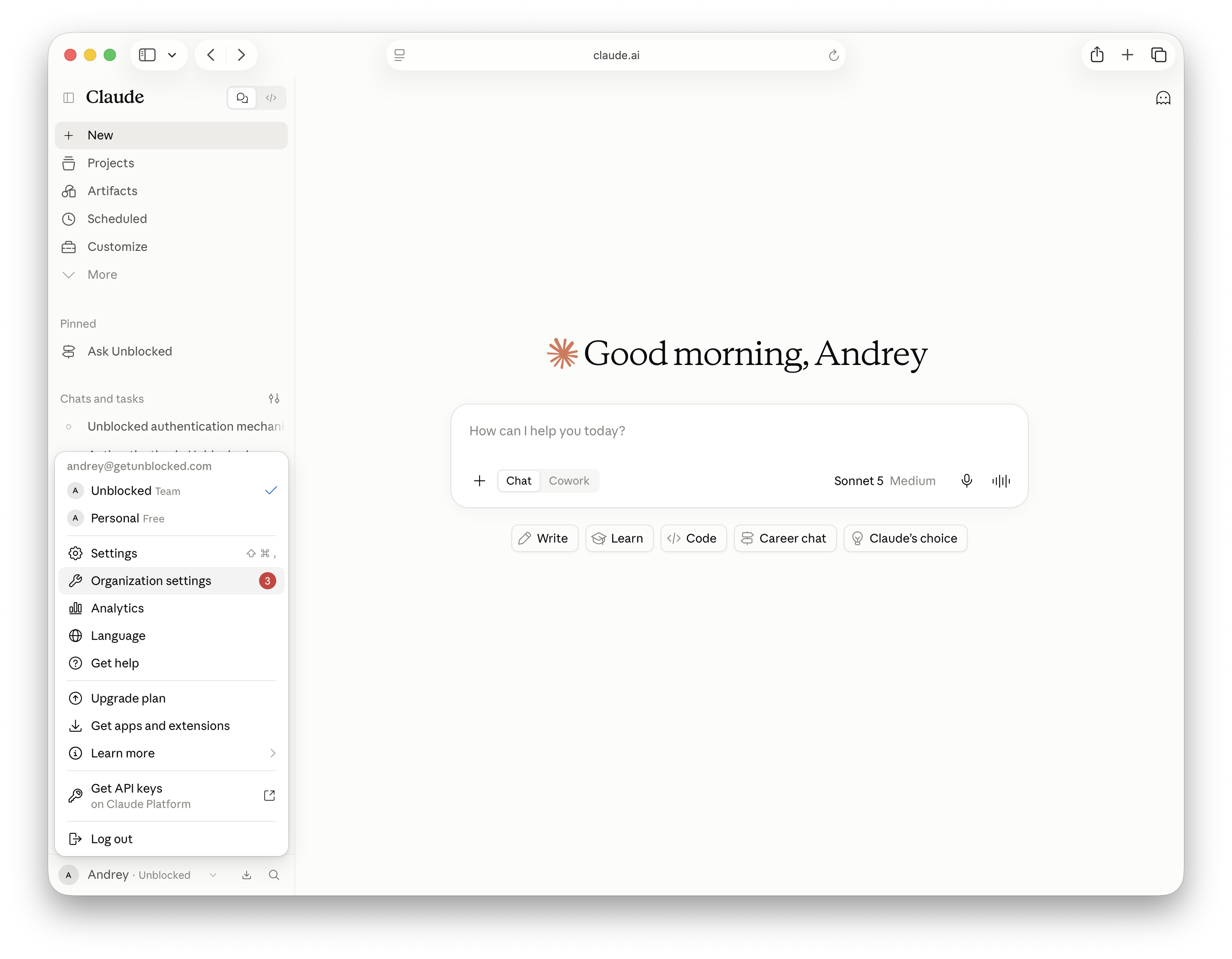 Claude account menu with Organization settings selected