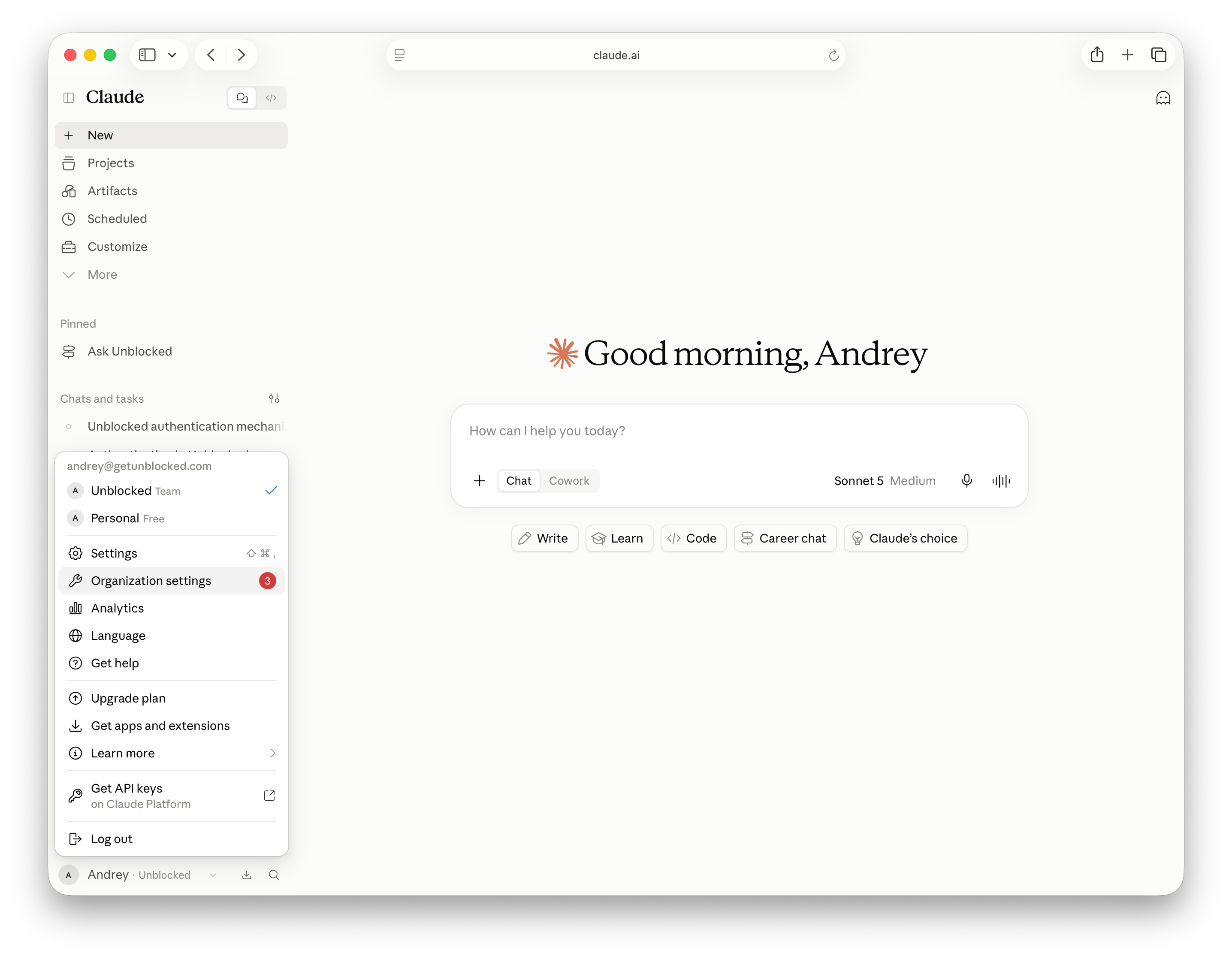 Claude account menu with Organization settings selected