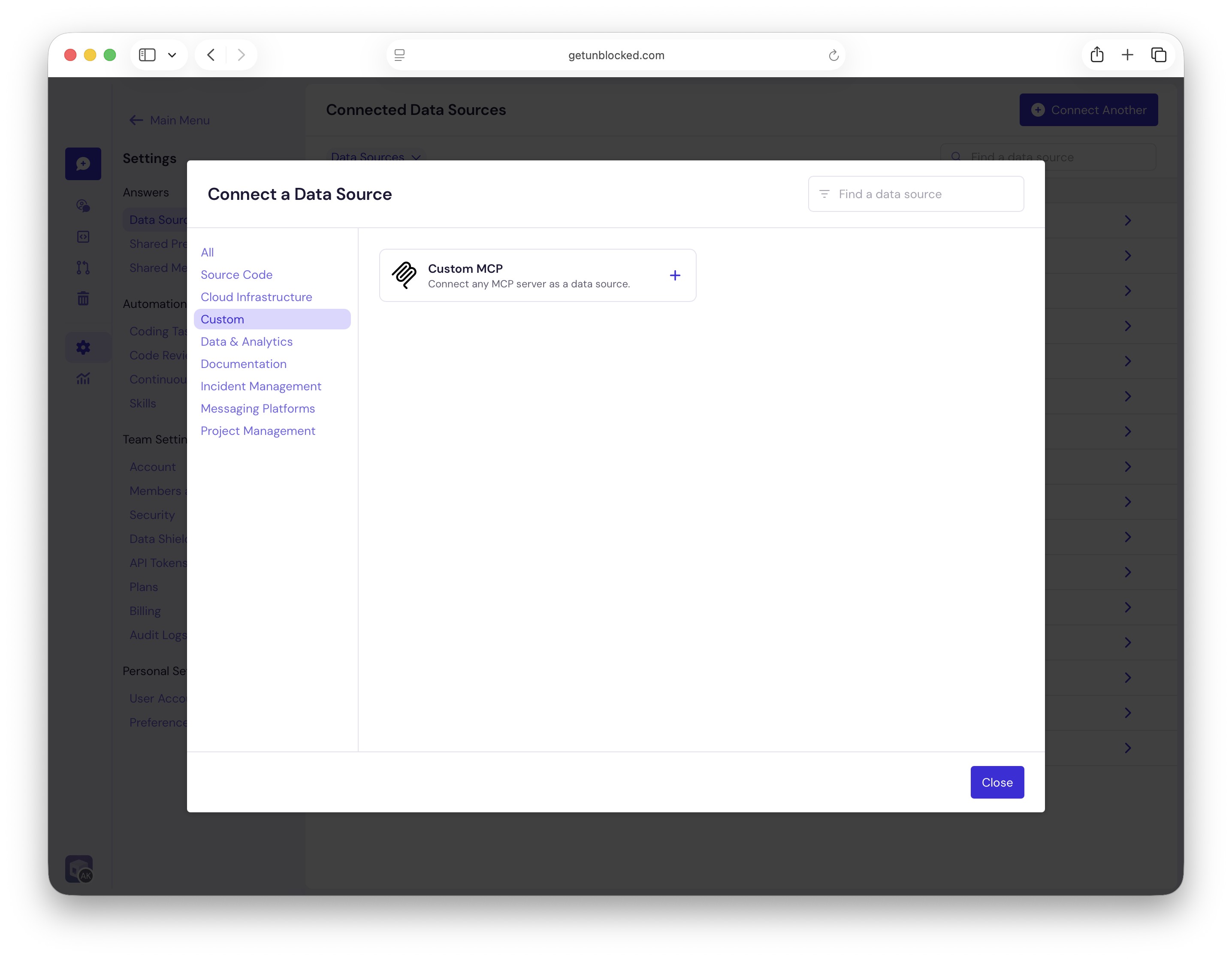 Select Custom MCP from the Custom data source category