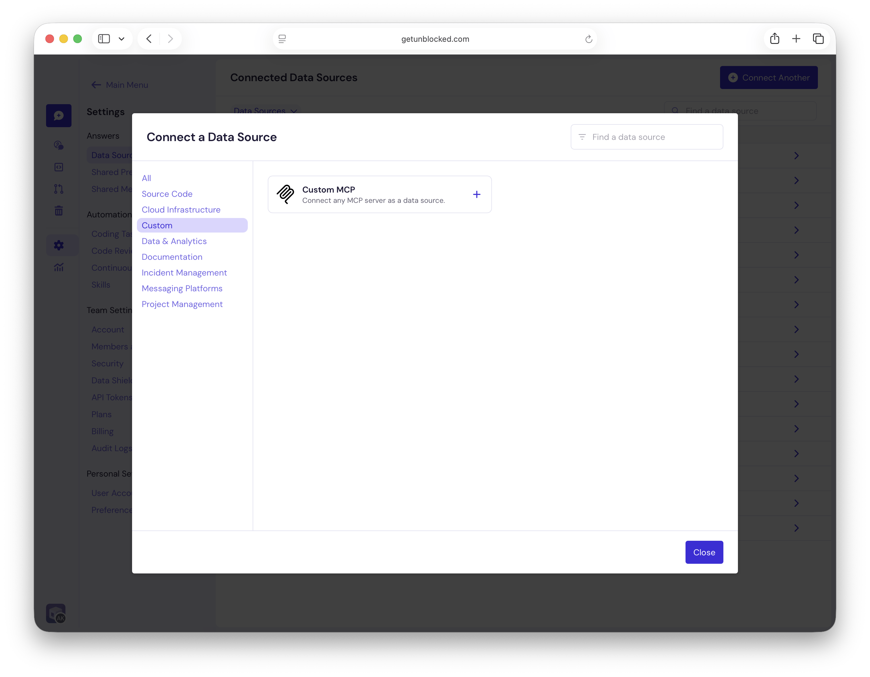 Select Custom MCP from the Custom data source category