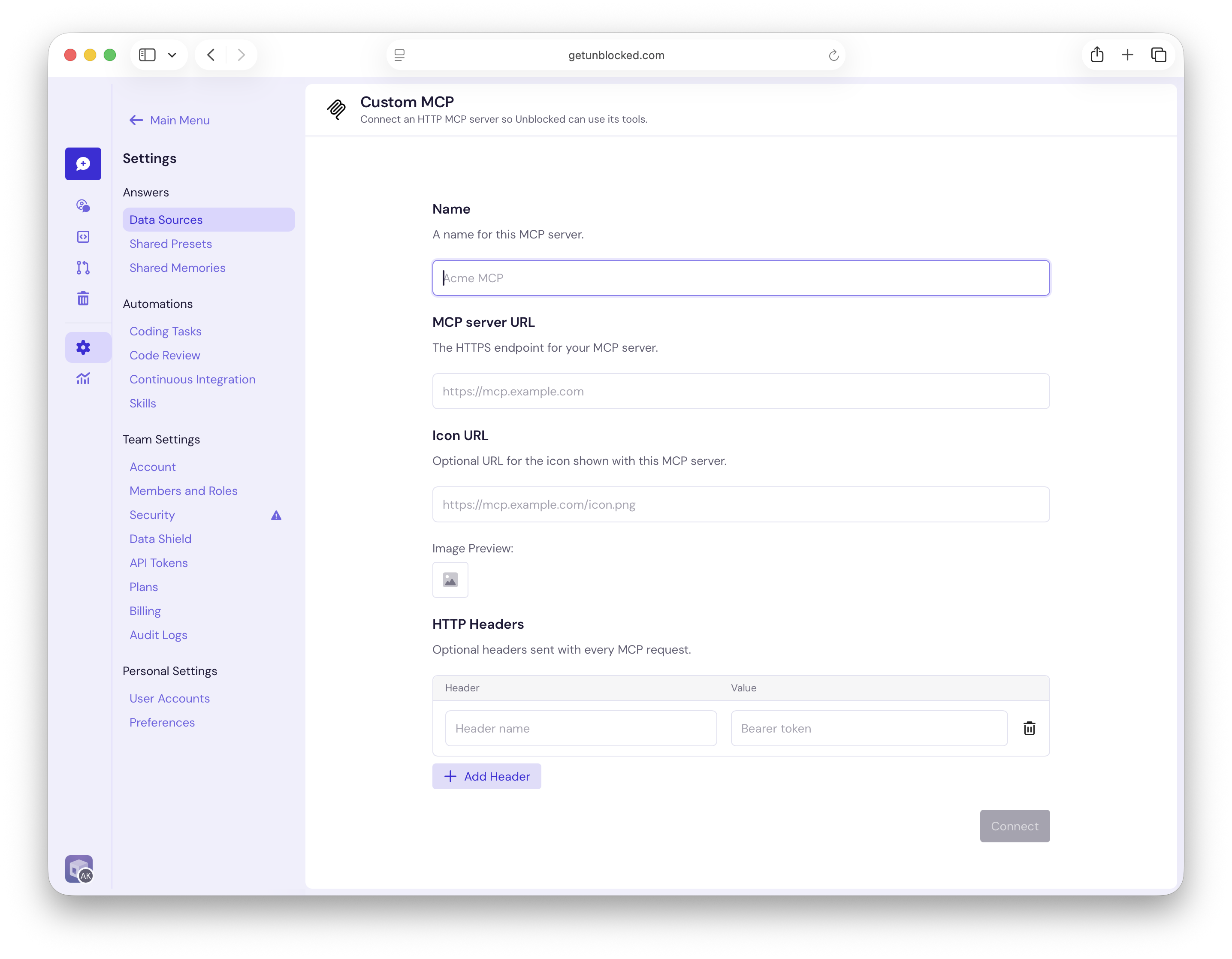 Enter the Custom MCP server URL, icon URL, and HTTP headers