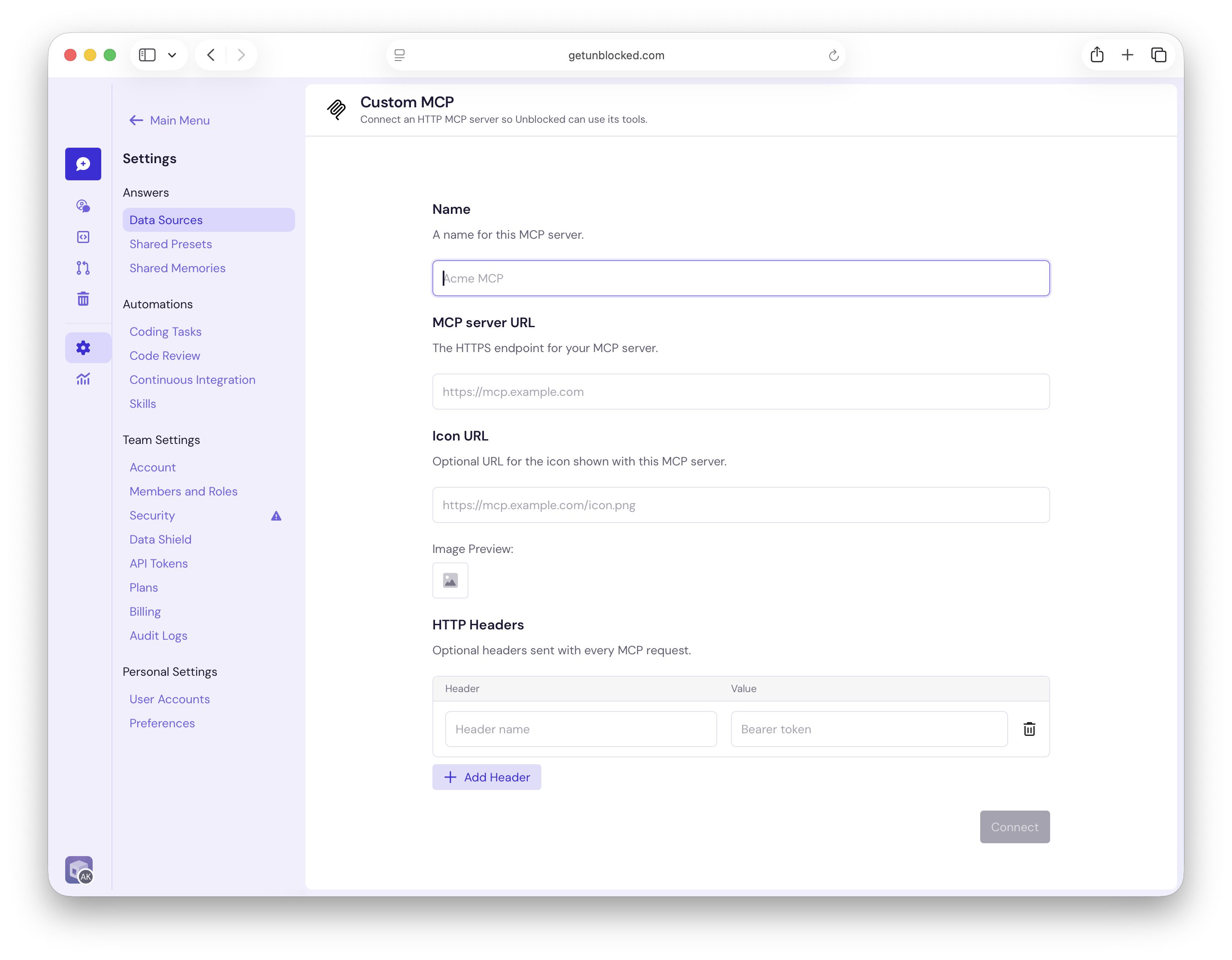 Enter the Custom MCP server URL, icon URL, and HTTP headers