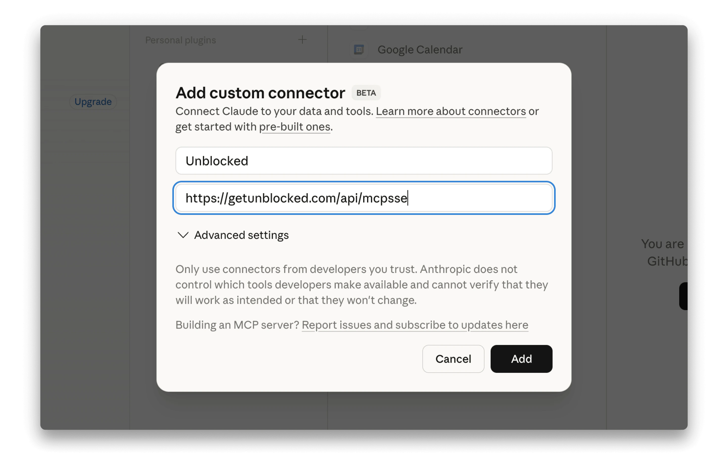 Configure custom connector in Claude Desktop