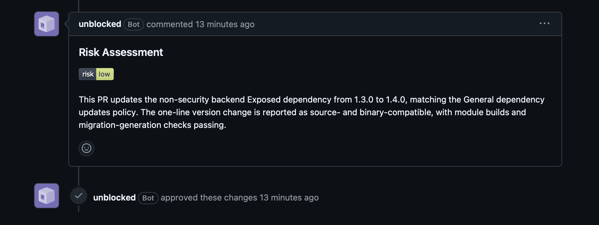 Example of an Unblocked risk assessment comment on a pull request