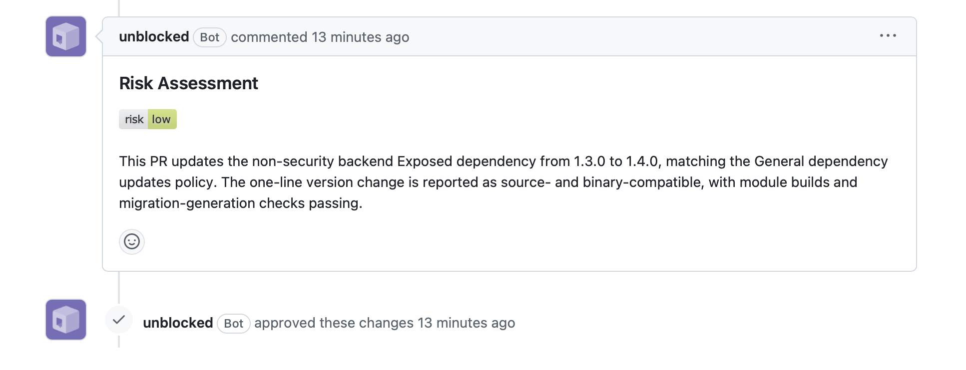 Example of an Unblocked risk assessment comment on a pull request
