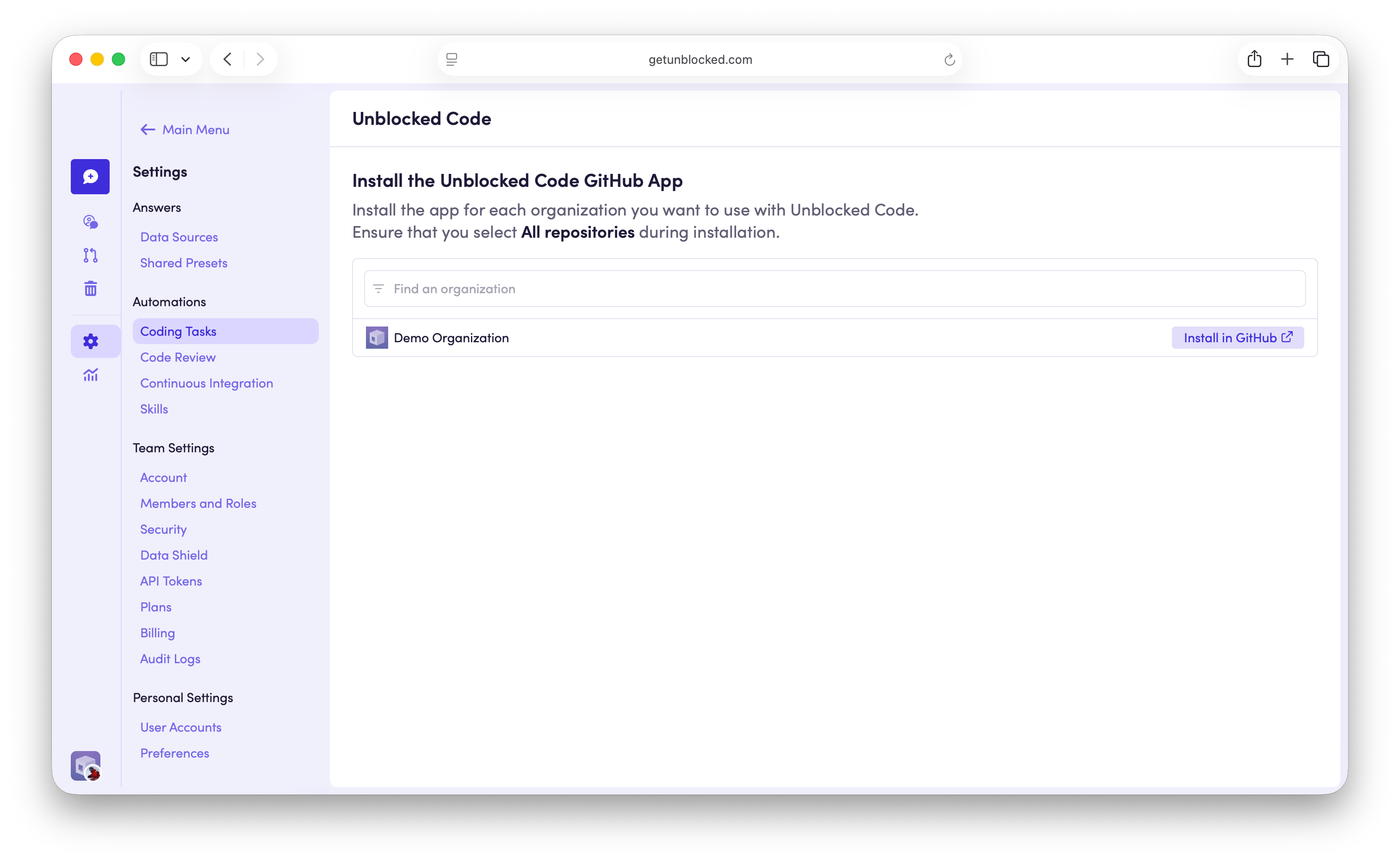 Install the Unblocked Code GitHub App